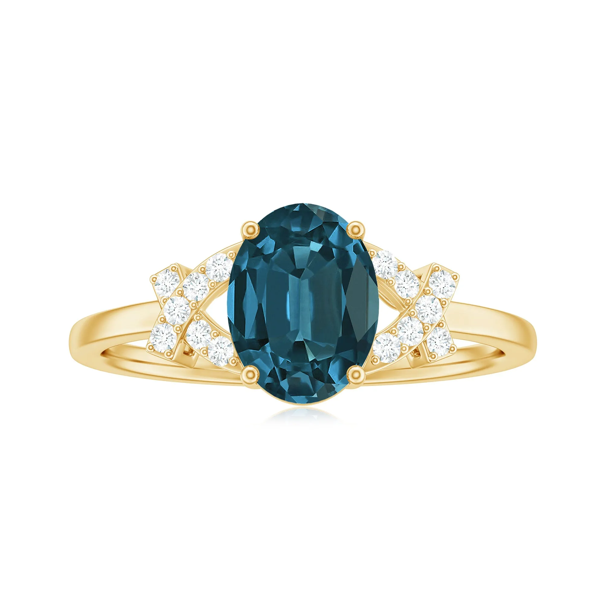 1.25 CT Oval London Blue Topaz Solitaire Split Shank Ring with Diamond