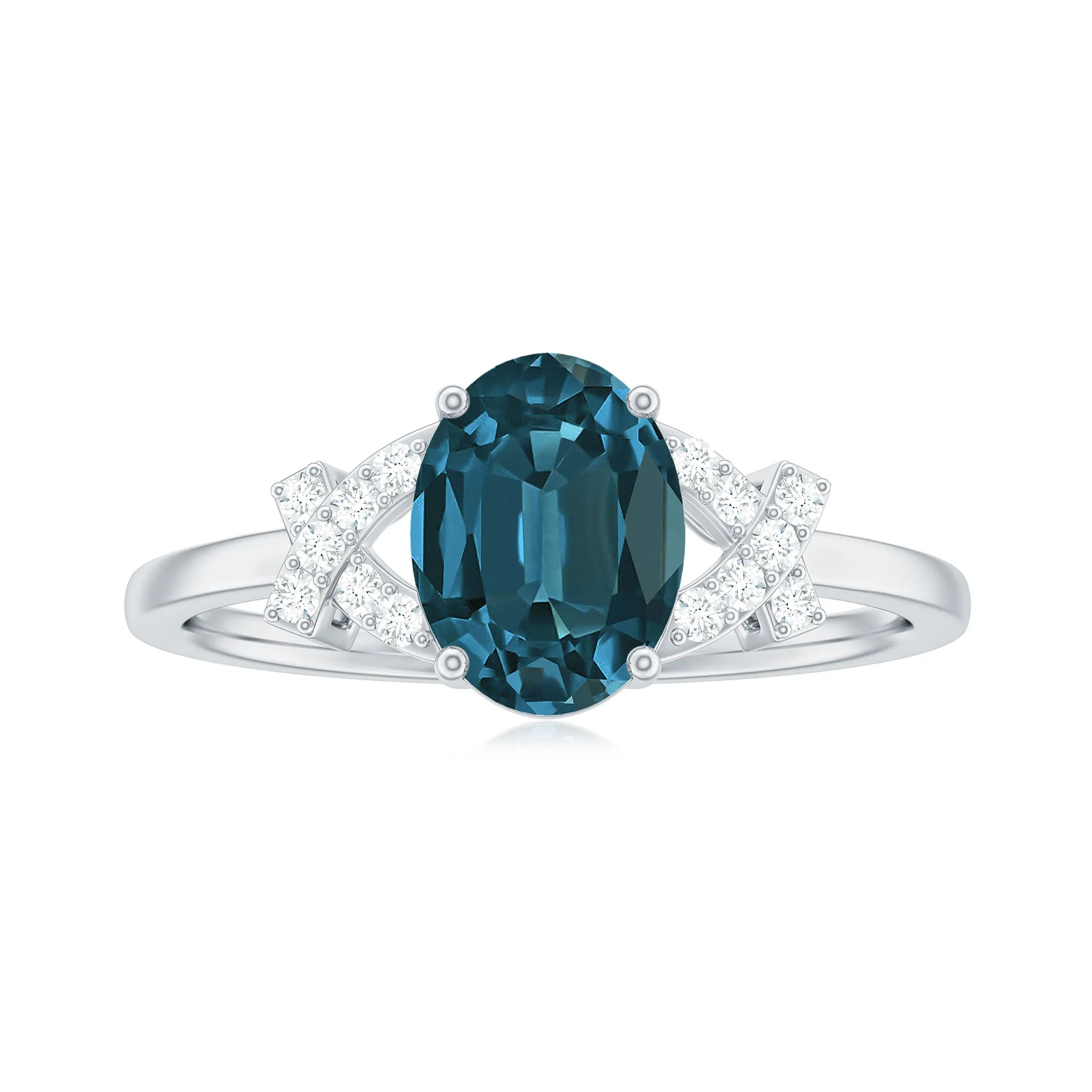 1.25 CT Oval London Blue Topaz Solitaire Split Shank Ring with Diamond