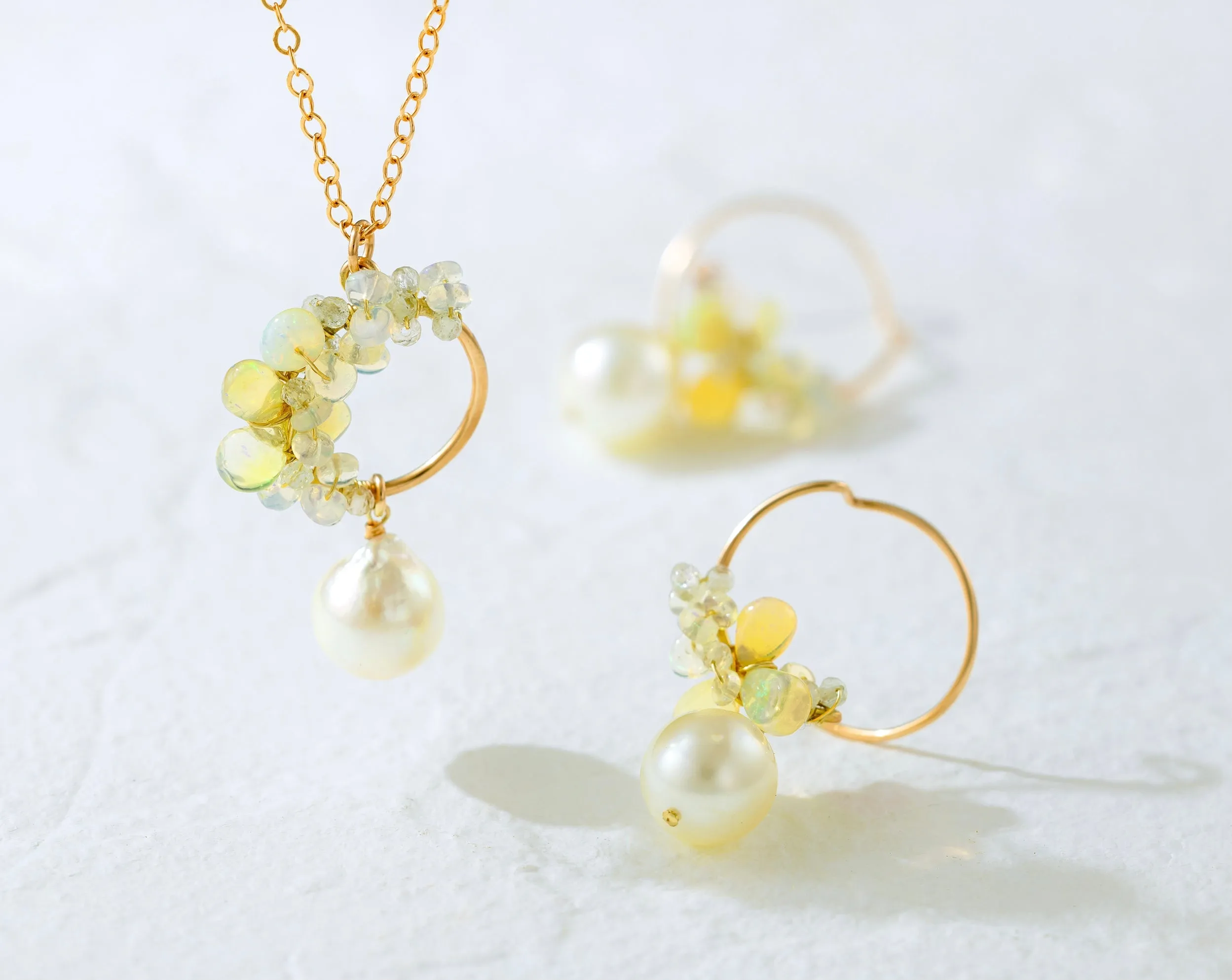 14K Gold Filled Fire Ethiopian Opal & Baroque Akoya Pearl Drop Earrings