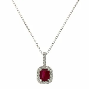 14K White Gold Emerald Cut Ruby Diamond Halo Pendant
