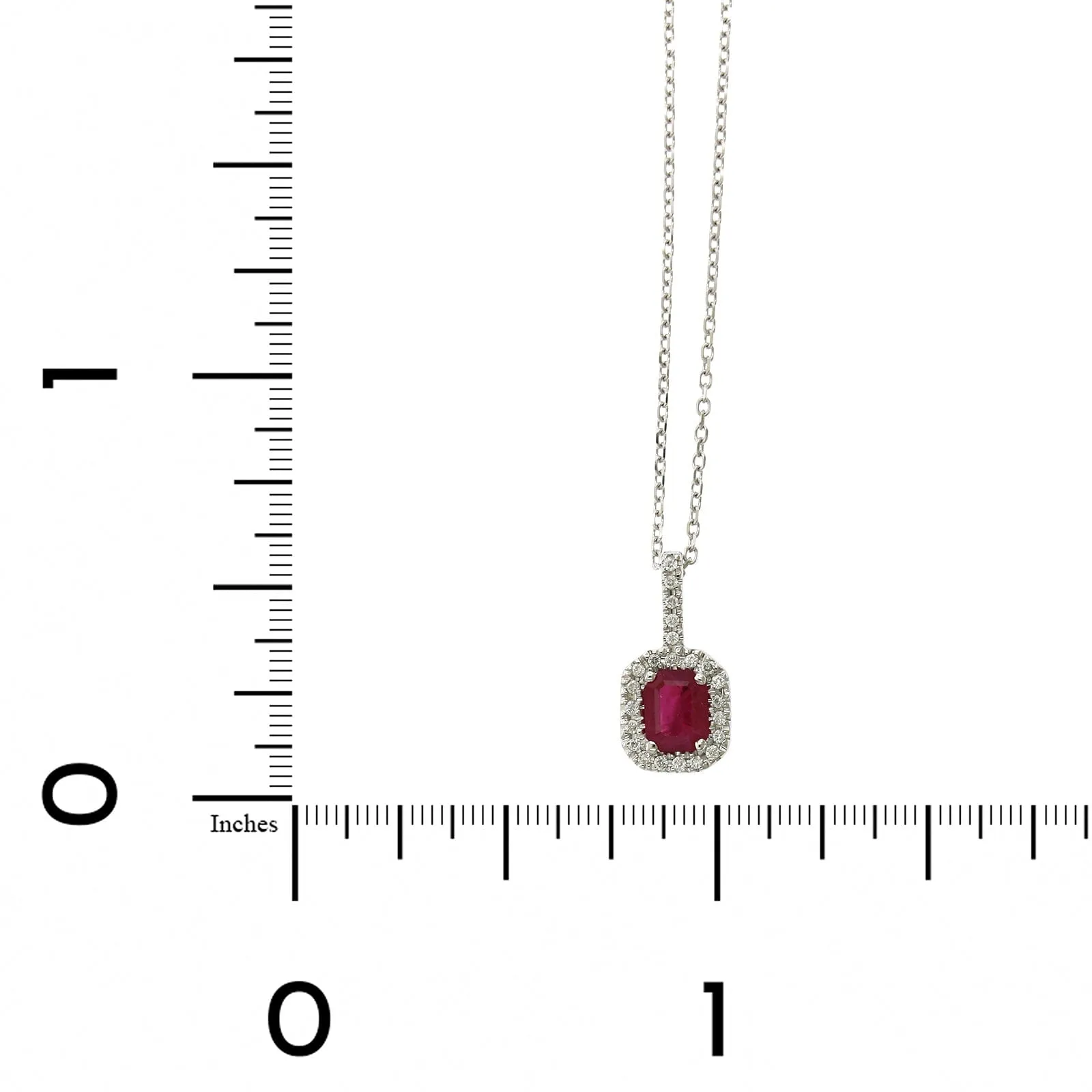 14K White Gold Emerald Cut Ruby Diamond Halo Pendant