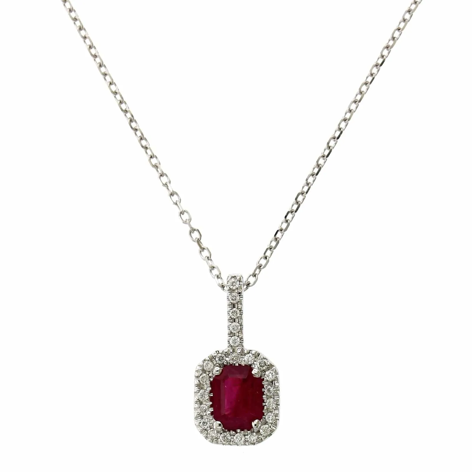 14K White Gold Emerald Cut Ruby Diamond Halo Pendant