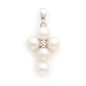 14K White Gold Mini Pearl and Diamond Cross Necklace