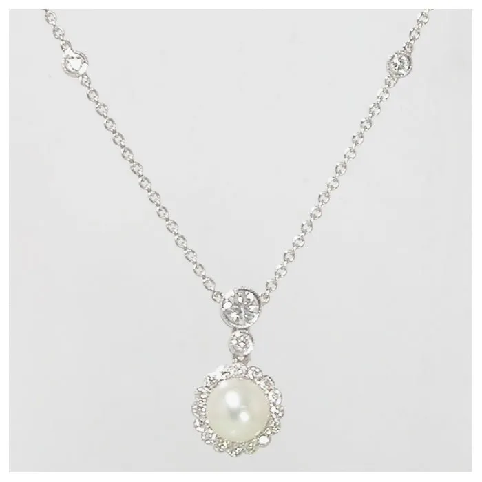 18ct White Gold Diamond & Cultured Pearl Drop Pendant Necklace 17"