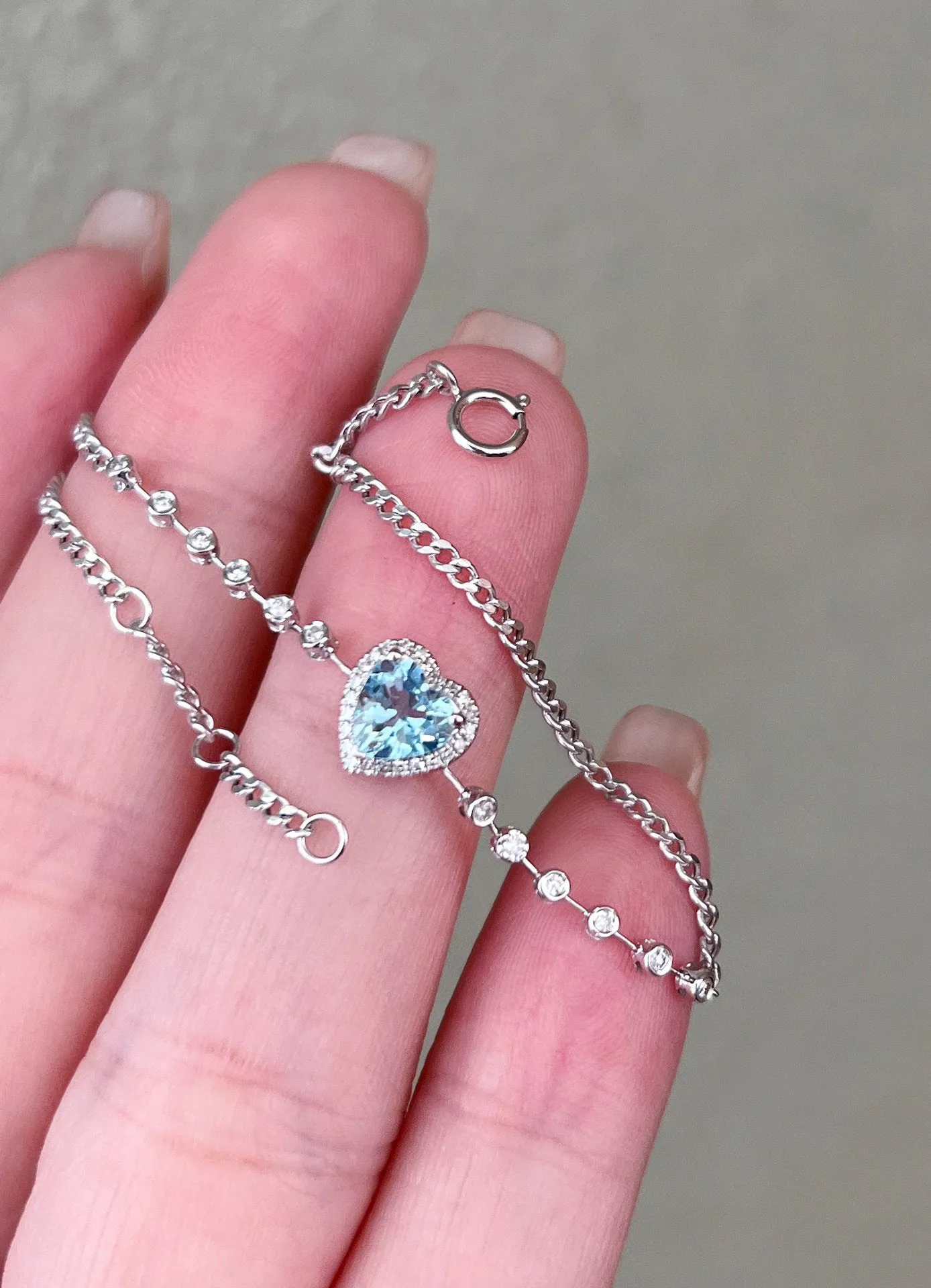 18K Solid gold Aquamarine Diamond Heart bracelet