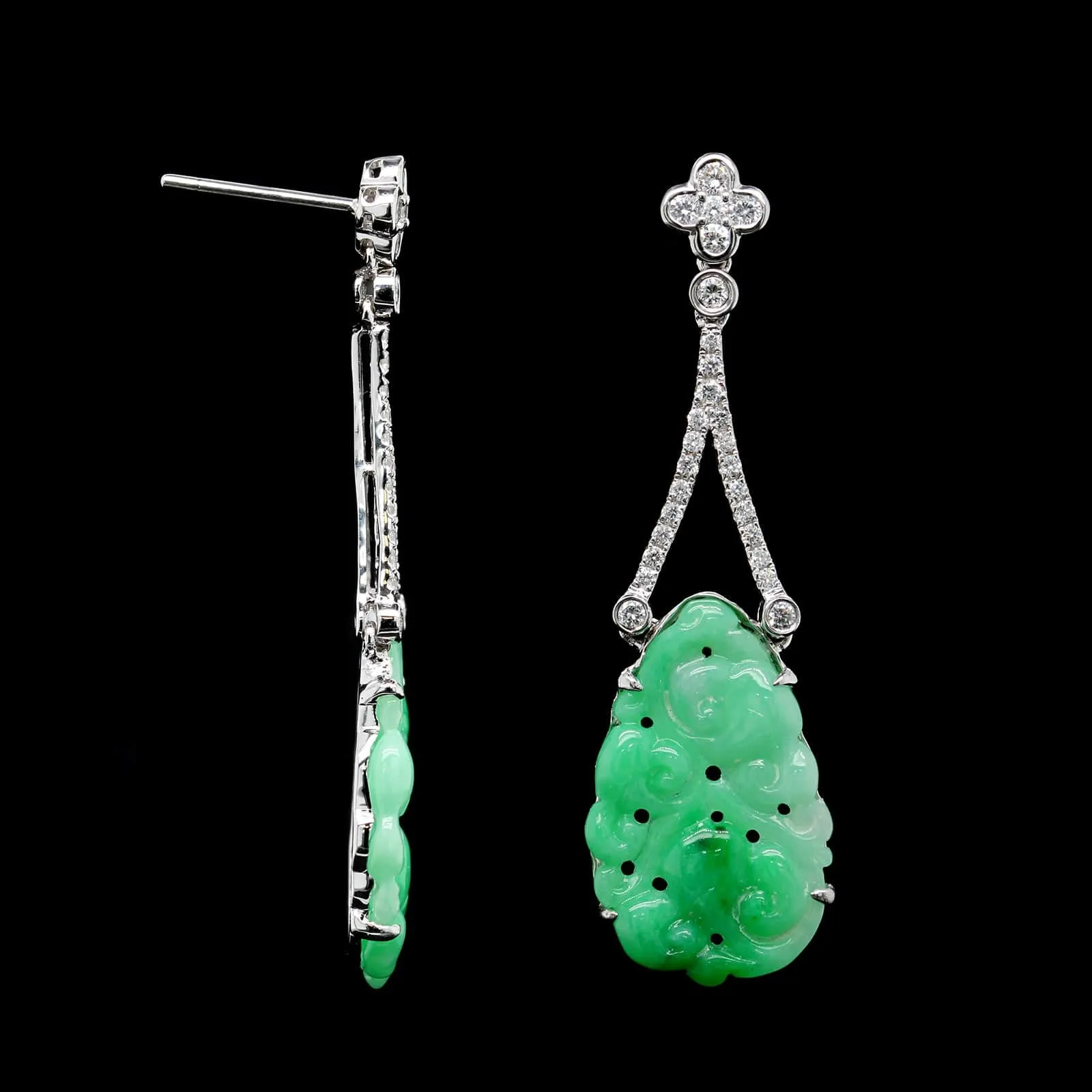 18K White Gold Estate Jadeite and Diamond Drop Earrings