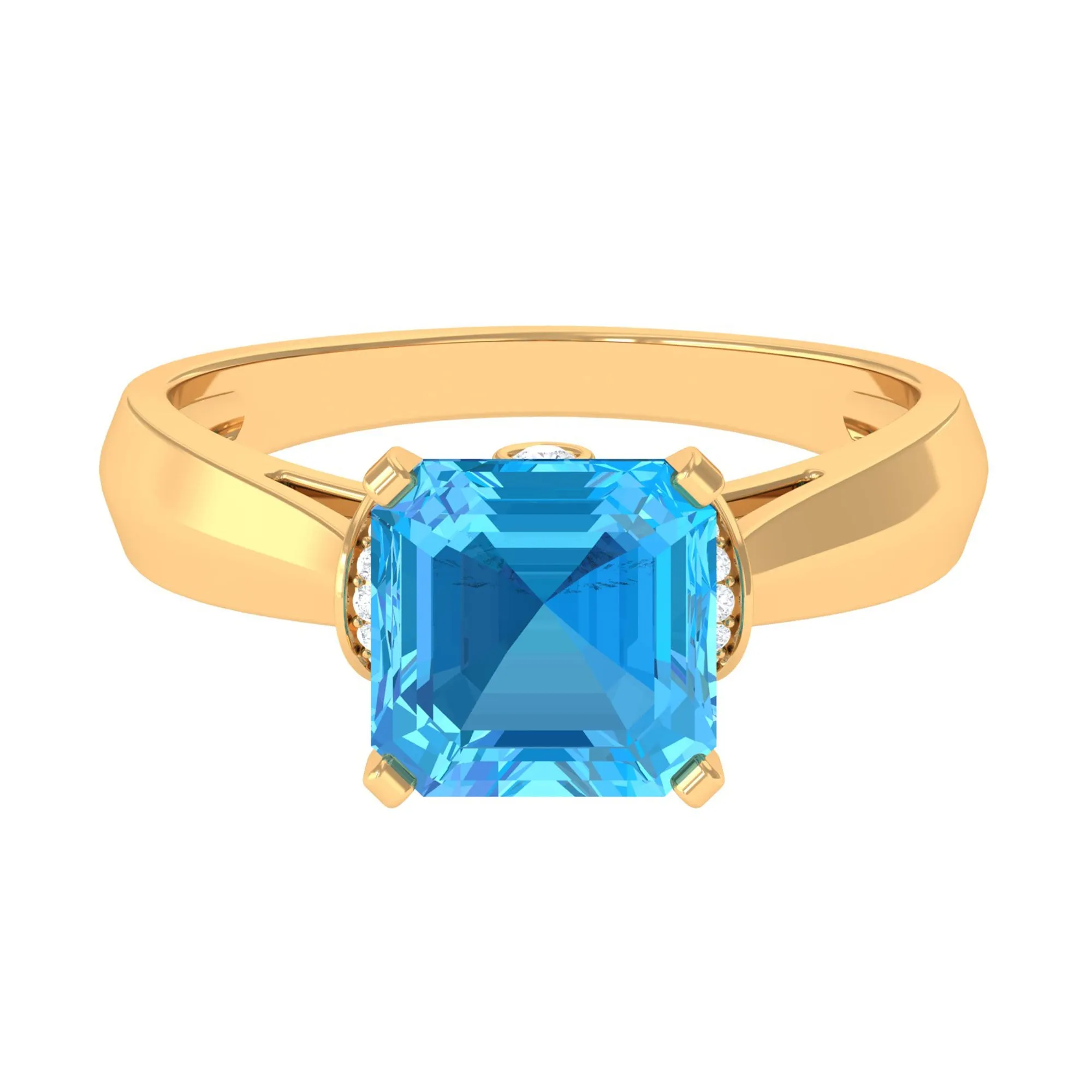 3.25 CT Asscher Cut Swiss Blue Topaz Solitaire Ring with Collar Diamond