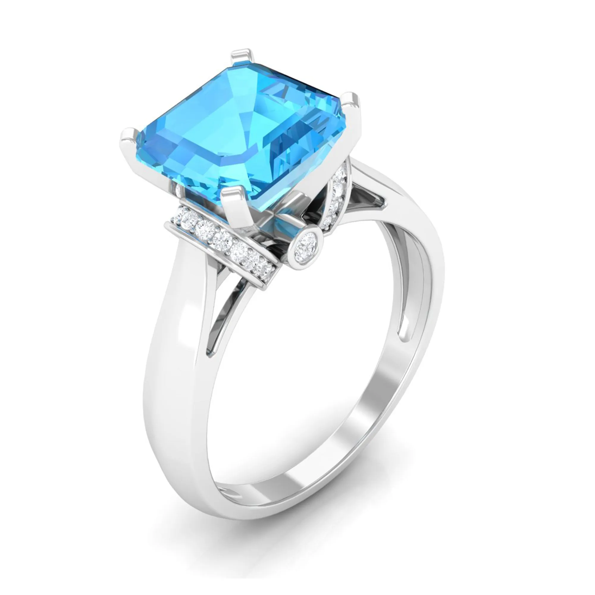3.25 CT Asscher Cut Swiss Blue Topaz Solitaire Ring with Collar Diamond