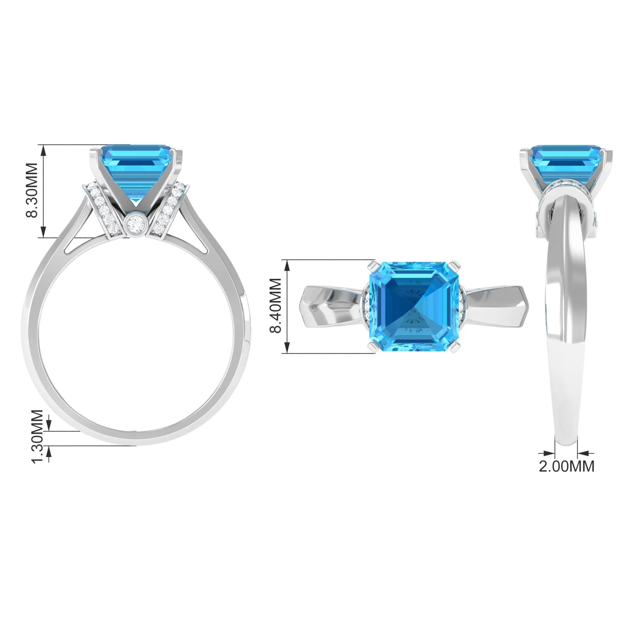 3.25 CT Asscher Cut Swiss Blue Topaz Solitaire Ring with Collar Diamond