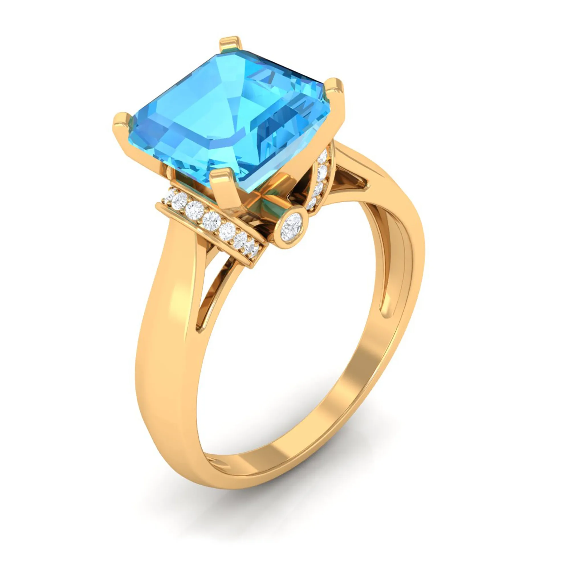 3.25 CT Asscher Cut Swiss Blue Topaz Solitaire Ring with Collar Diamond