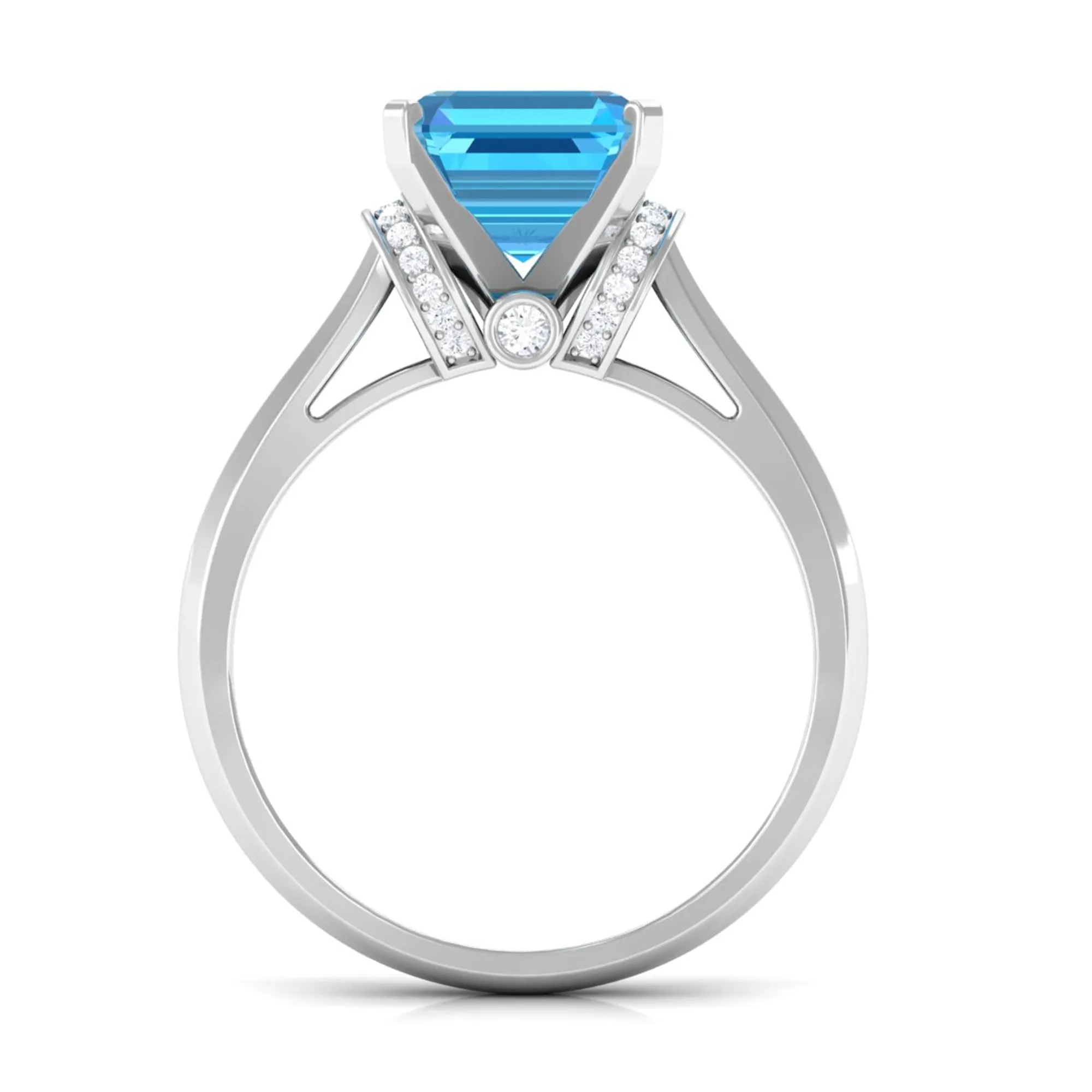 3.25 CT Asscher Cut Swiss Blue Topaz Solitaire Ring with Collar Diamond
