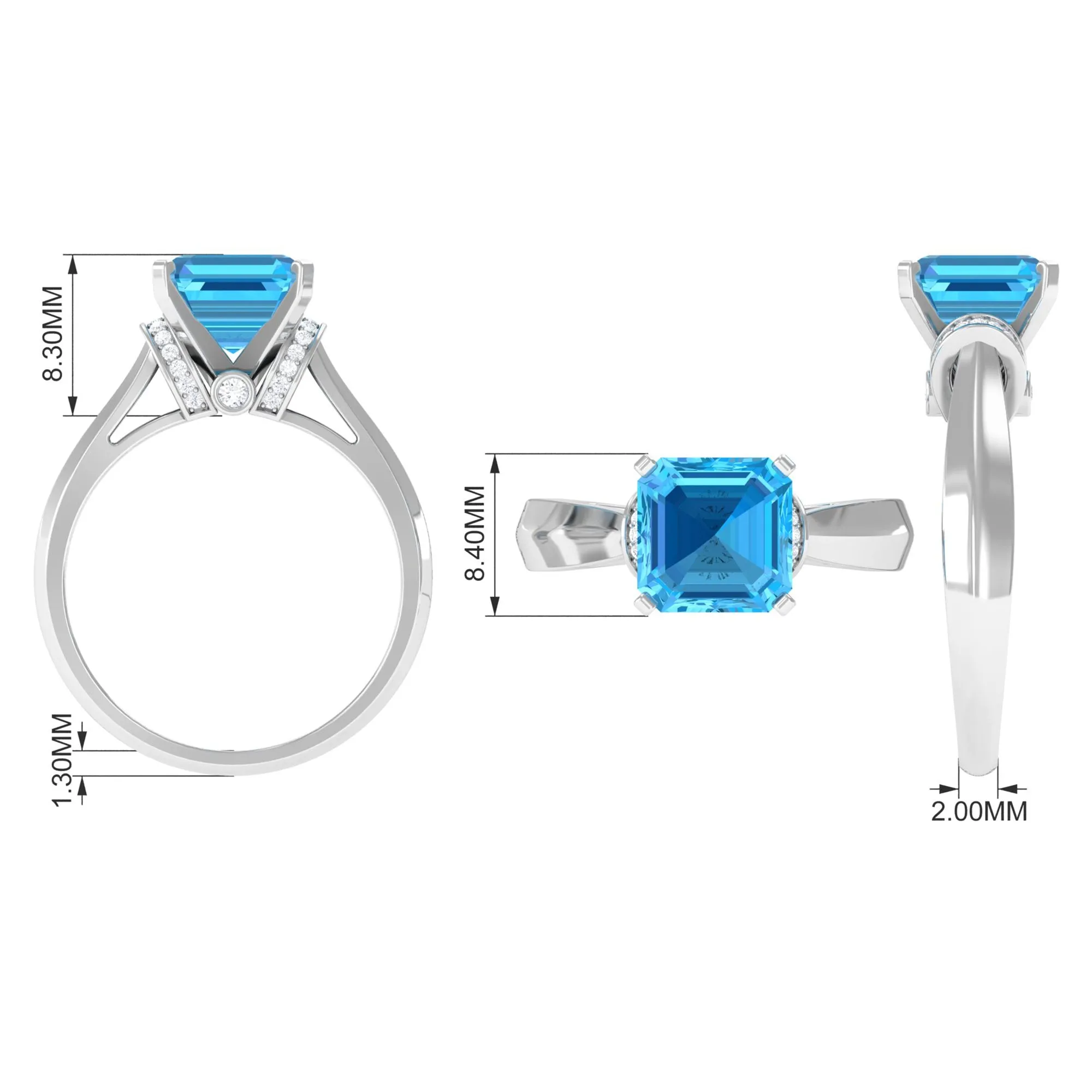 3.25 CT Asscher Cut Swiss Blue Topaz Solitaire Ring with Collar Diamond