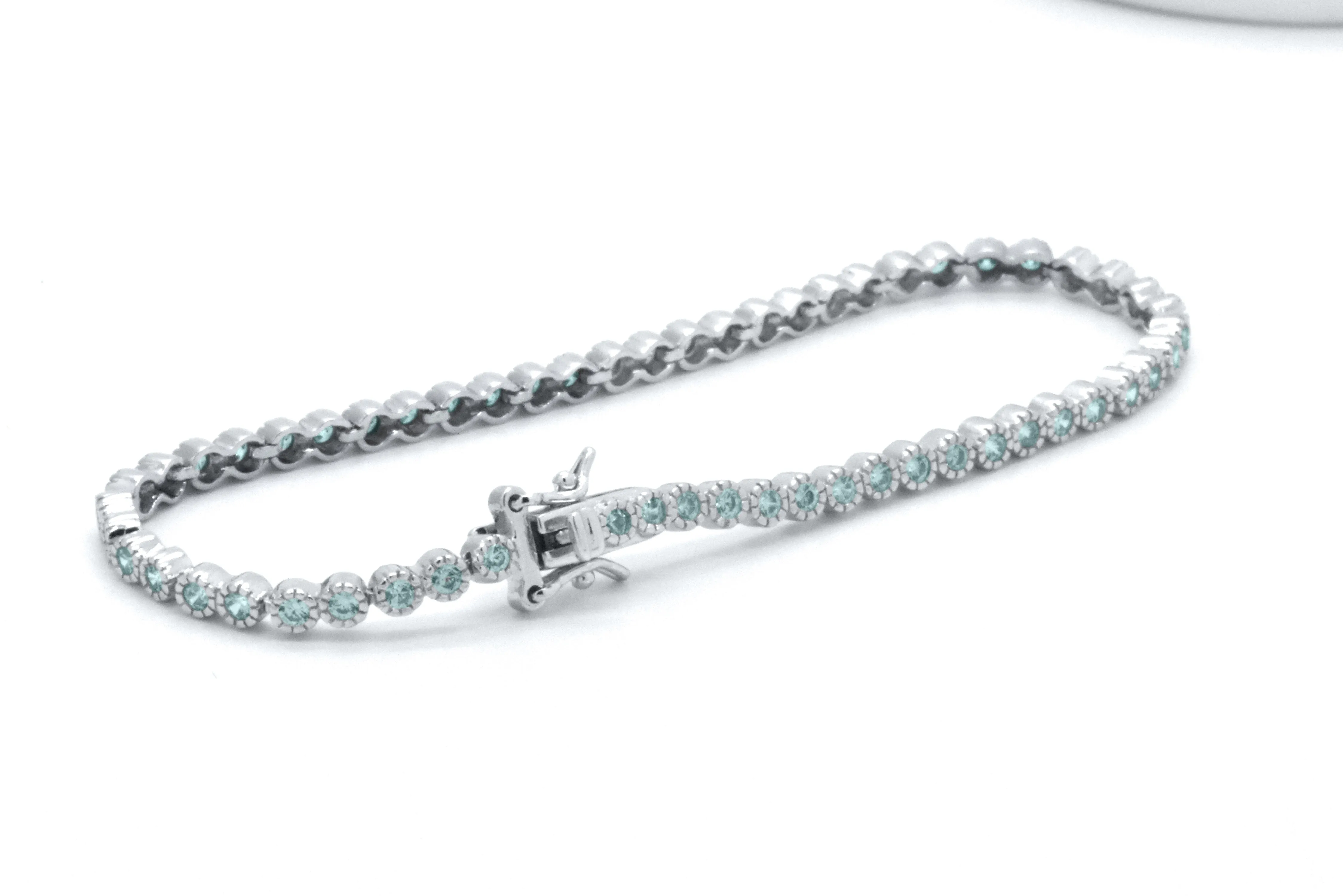 925 Sterling Silver Blue Aquamarine Dainty Tennis Milgrain Bracelet