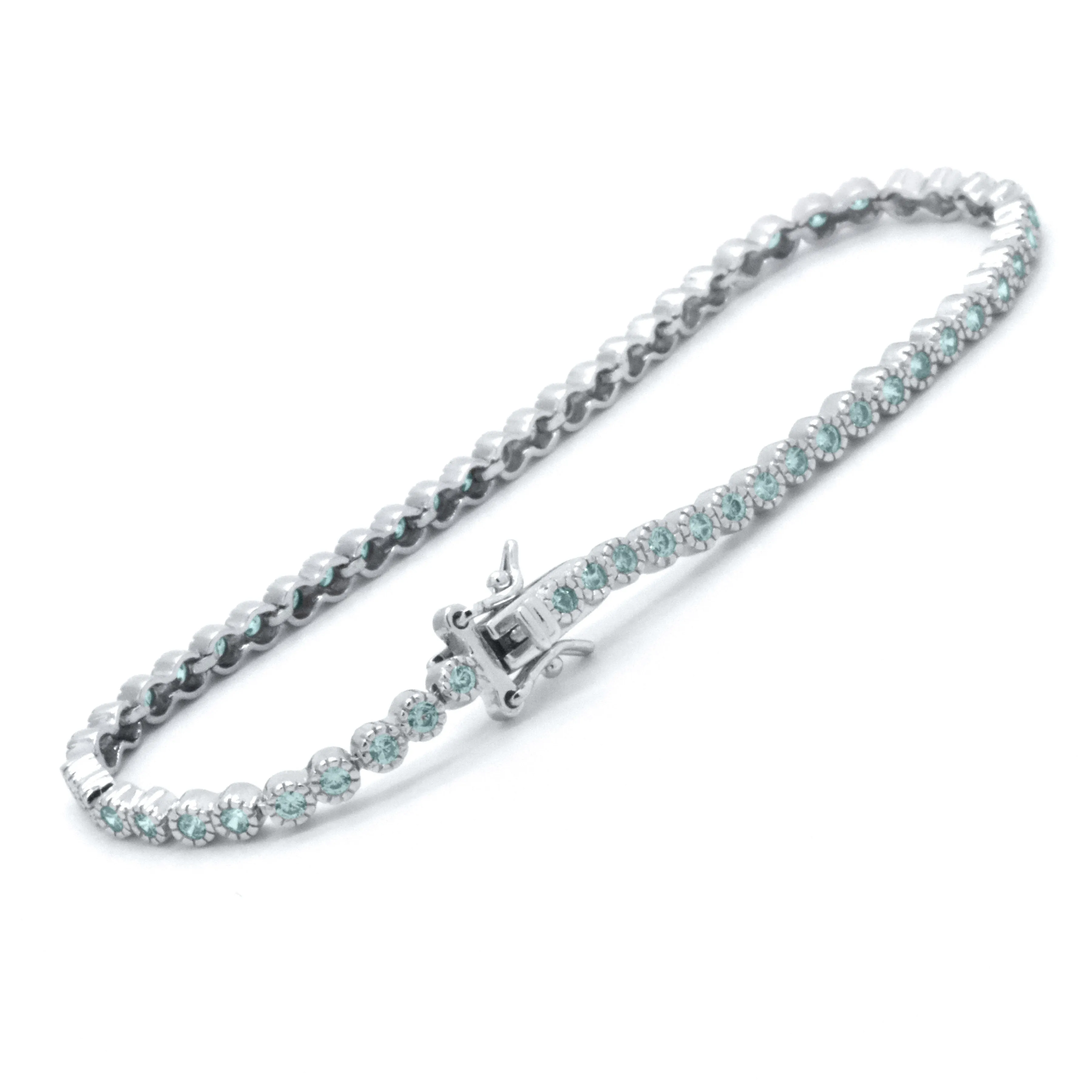 925 Sterling Silver Blue Aquamarine Dainty Tennis Milgrain Bracelet