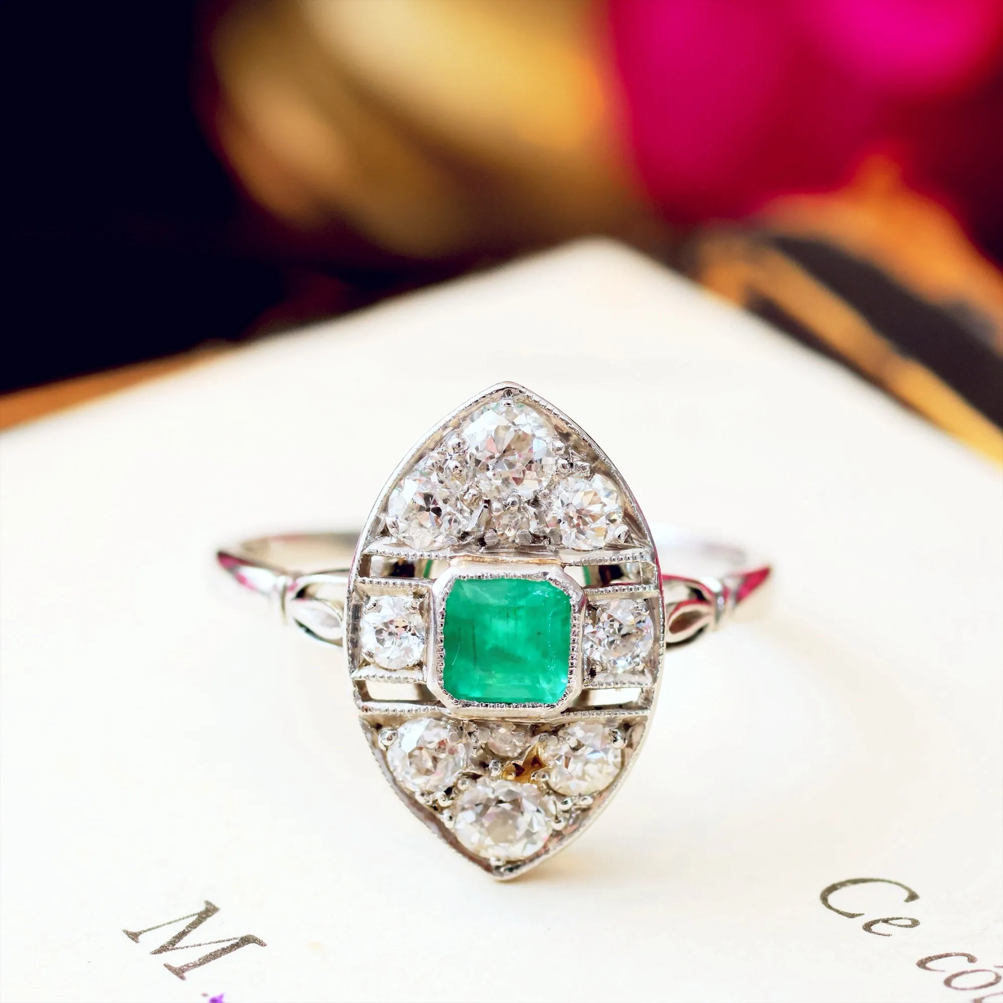 All Original Vintage Art Deco Emerald & Diamond Ring
