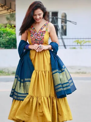 AMBER MUSTARD YELLOW KUTCHI HANDWORK LAYERED GOWN