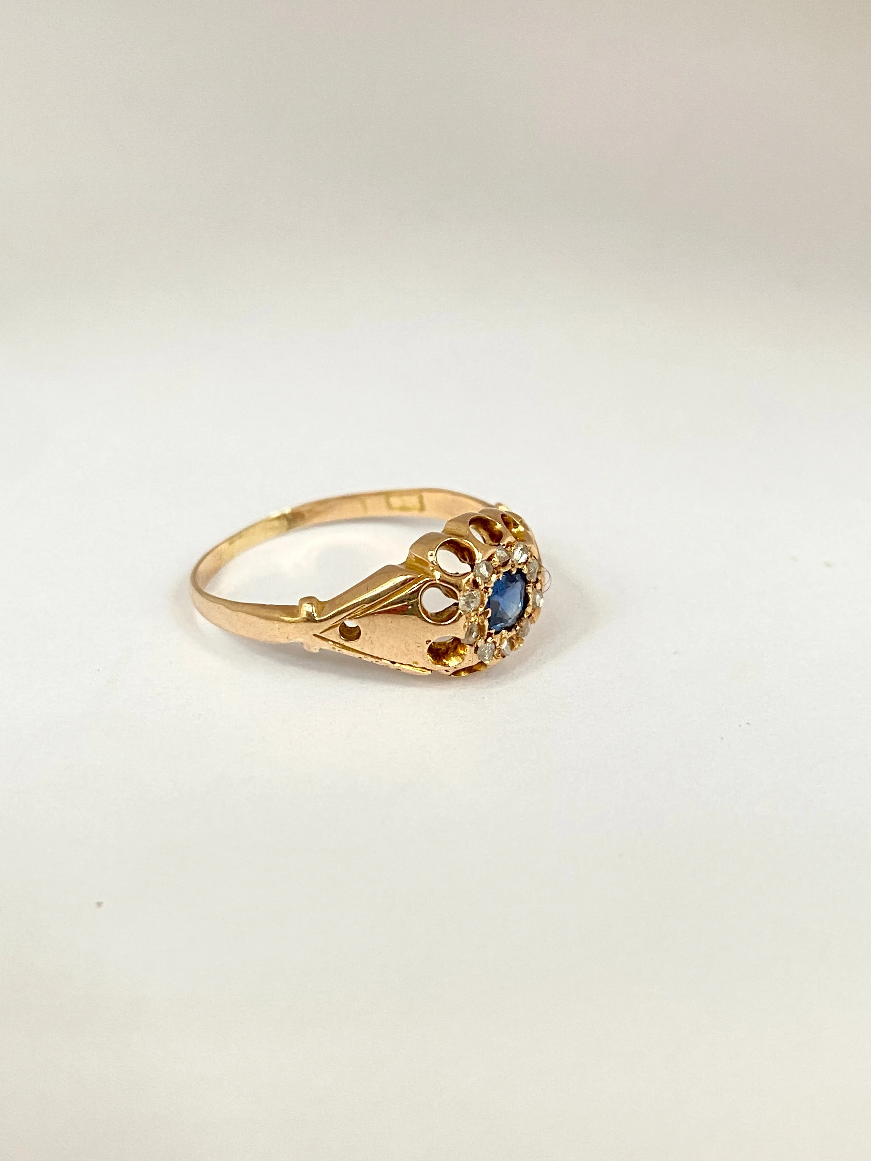 Antique, 18ct Gold, Art Deco Sapphire and Old Cut Diamond Cluster Ring
