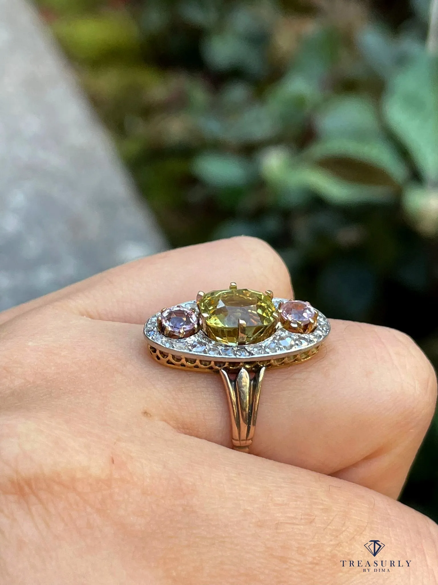 Antique Belle Époque Chrysoberyl, Pink Topaz Diamond Cluster Cocktail Ring