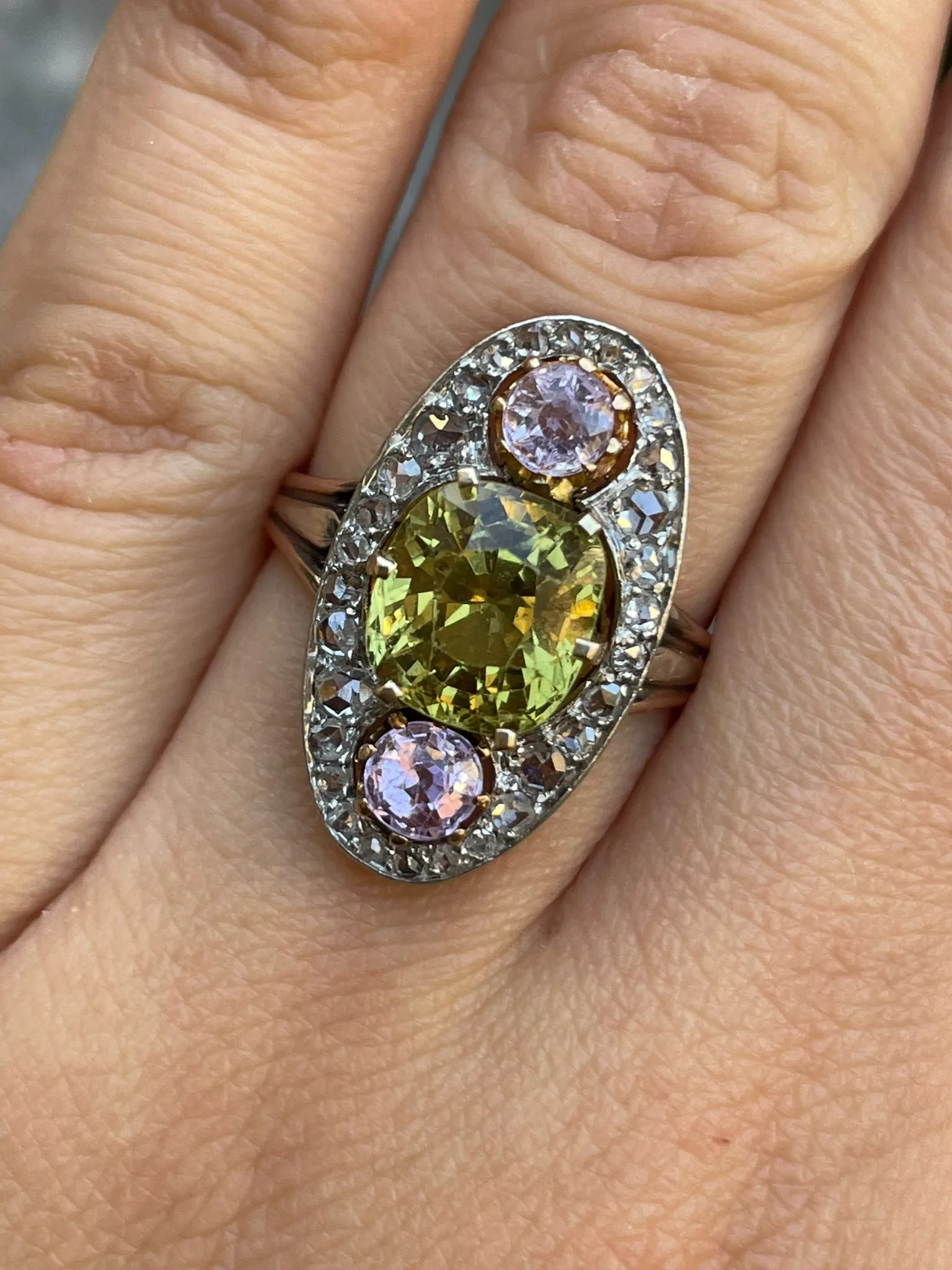 Antique Belle Époque Chrysoberyl, Pink Topaz Diamond Cluster Cocktail Ring