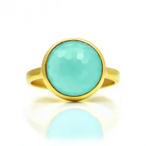 Aqua Chalcedony round bezel set ring - March Birthstone