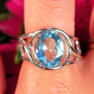 Aquamarine Finger Cuff Adjustable Ring .925 Silver for Improved Communication and Peace