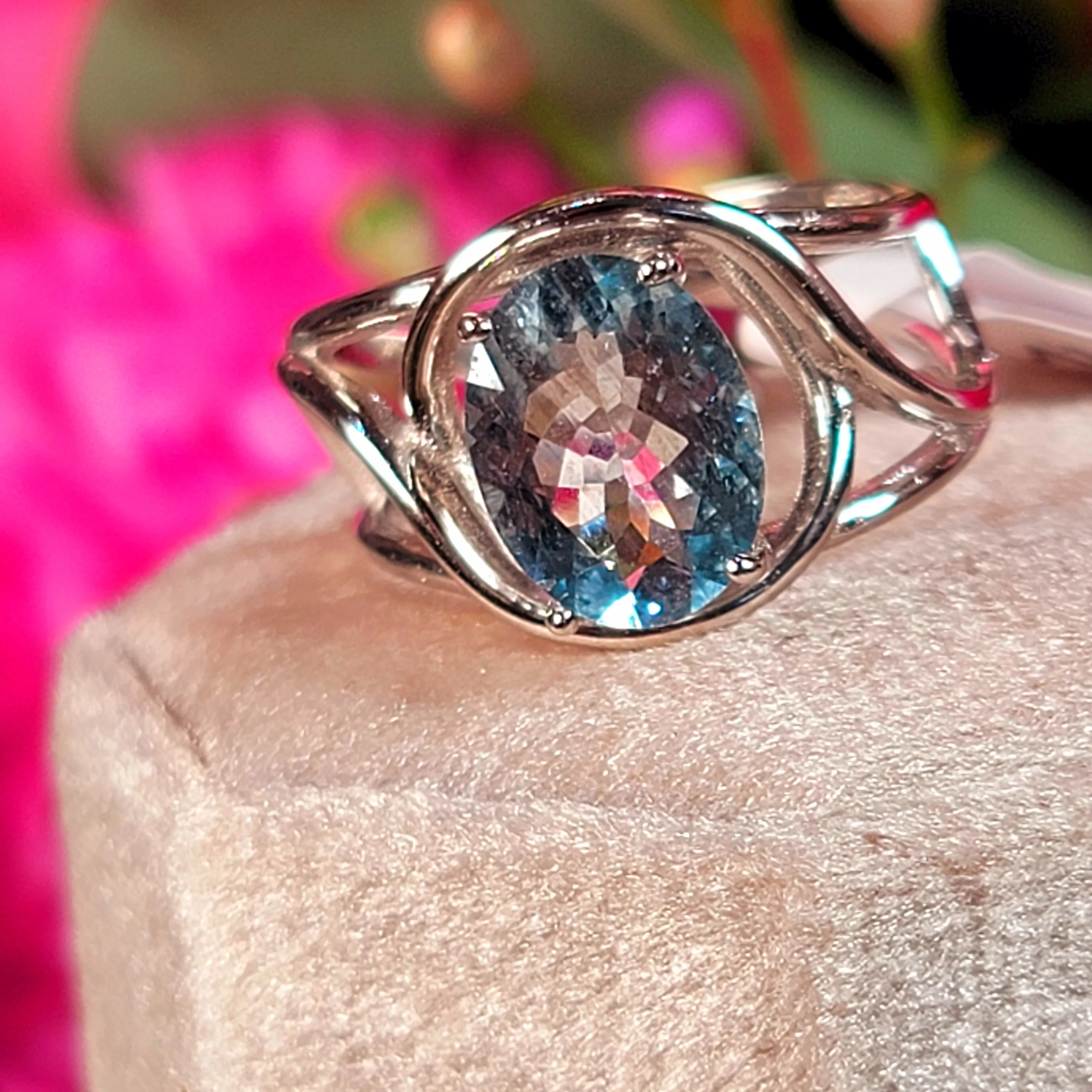 Aquamarine Finger Cuff Adjustable Ring .925 Silver for Improved Communication and Peace
