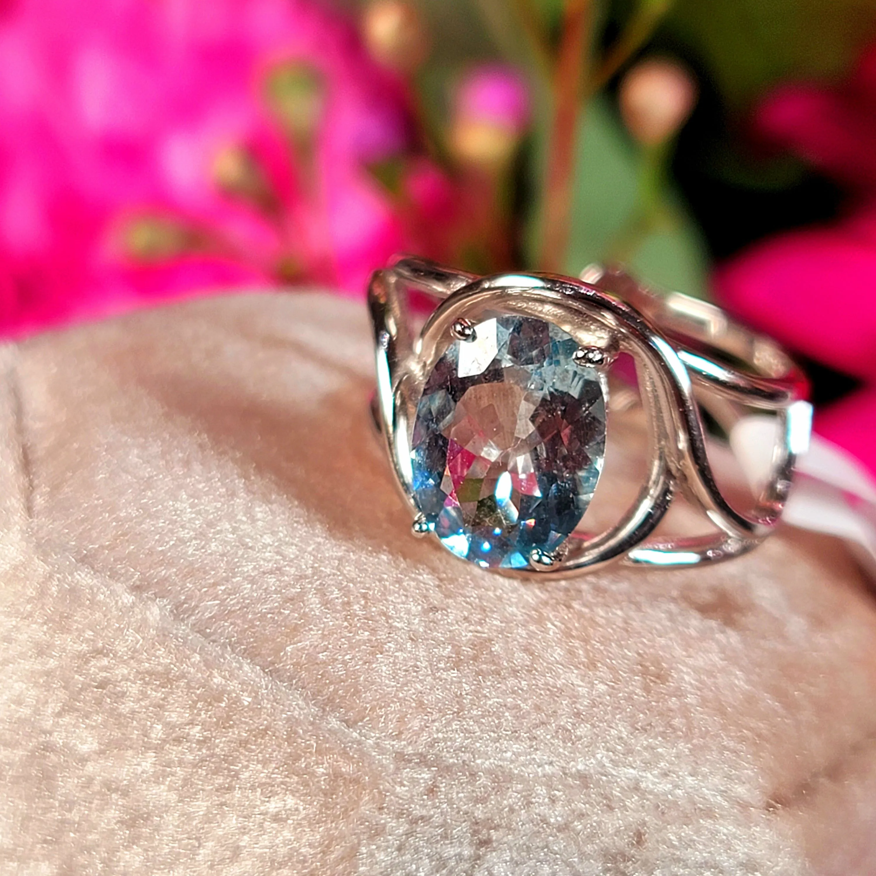 Aquamarine Finger Cuff Adjustable Ring .925 Silver for Improved Communication and Peace