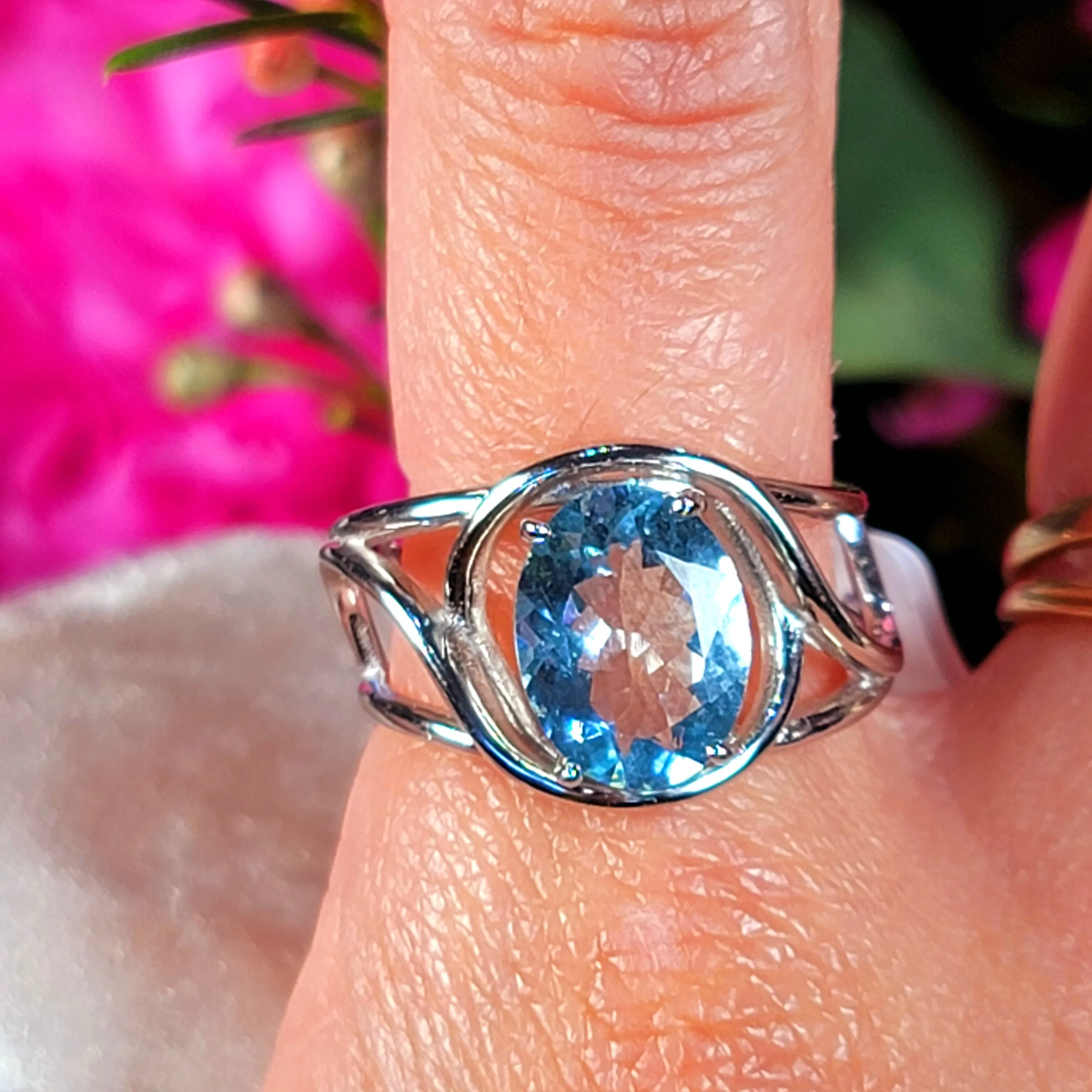 Aquamarine Finger Cuff Adjustable Ring .925 Silver for Improved Communication and Peace