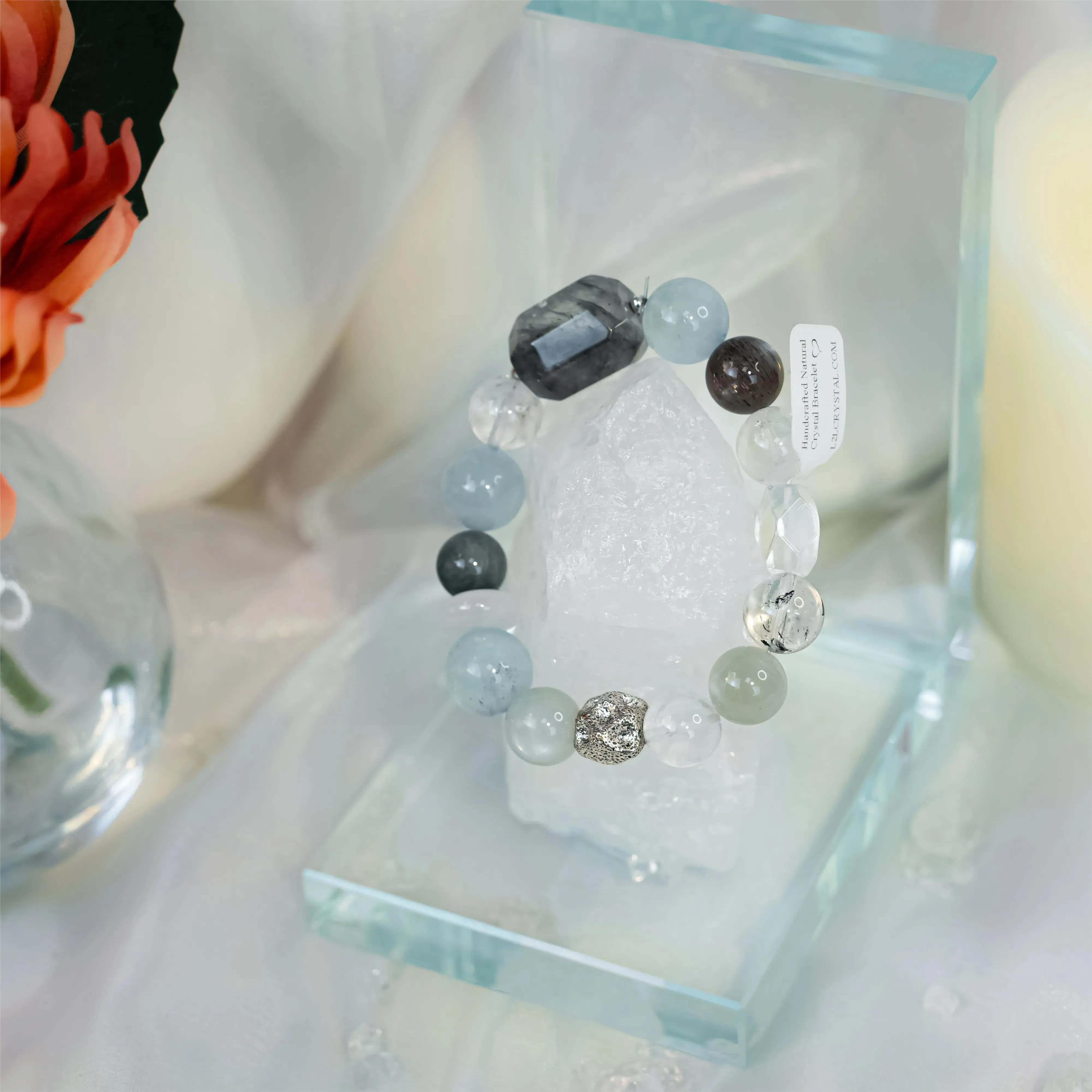 Aquamarine Silver Moonstone Rutilated Quartz Bracelet
