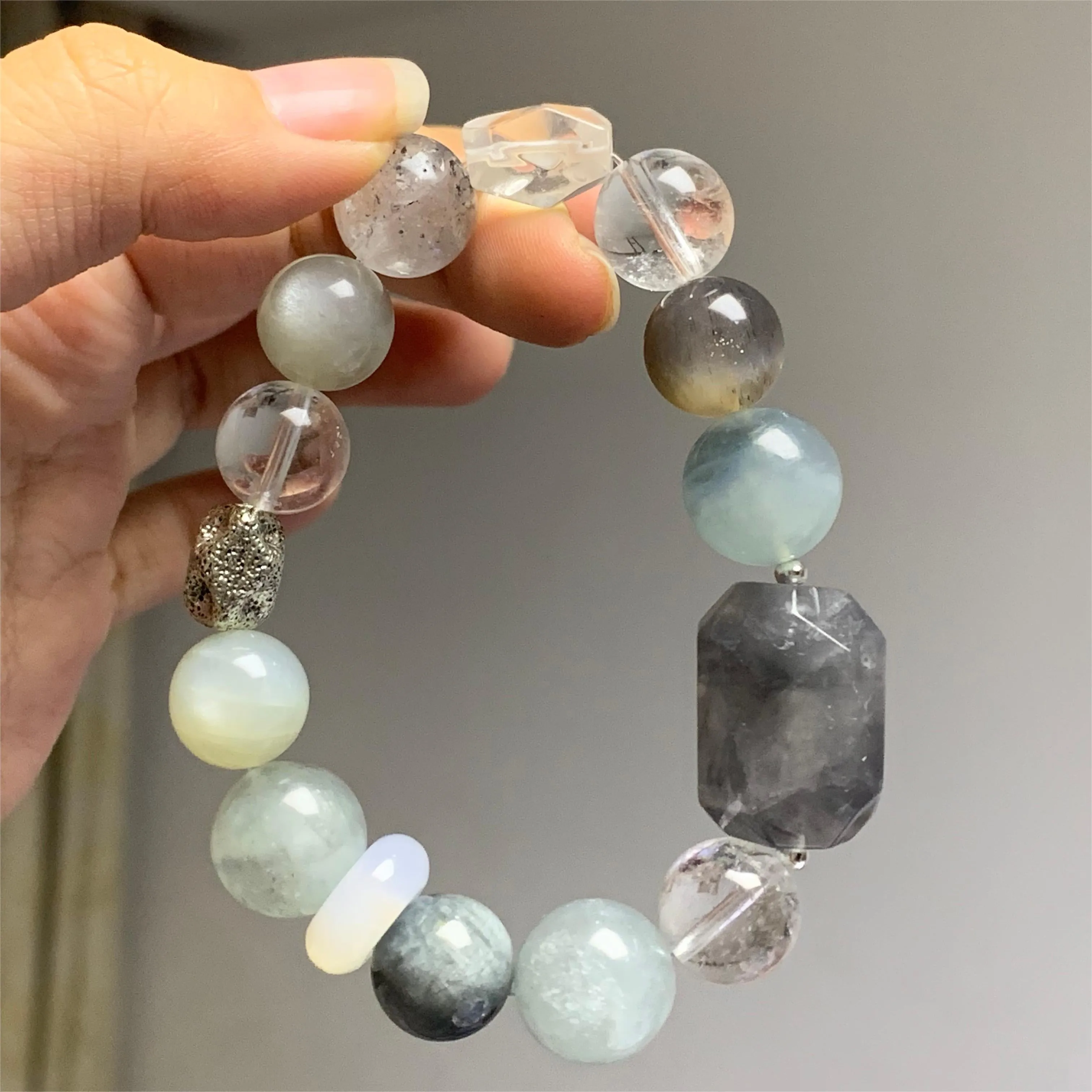 Aquamarine Silver Moonstone Rutilated Quartz Bracelet