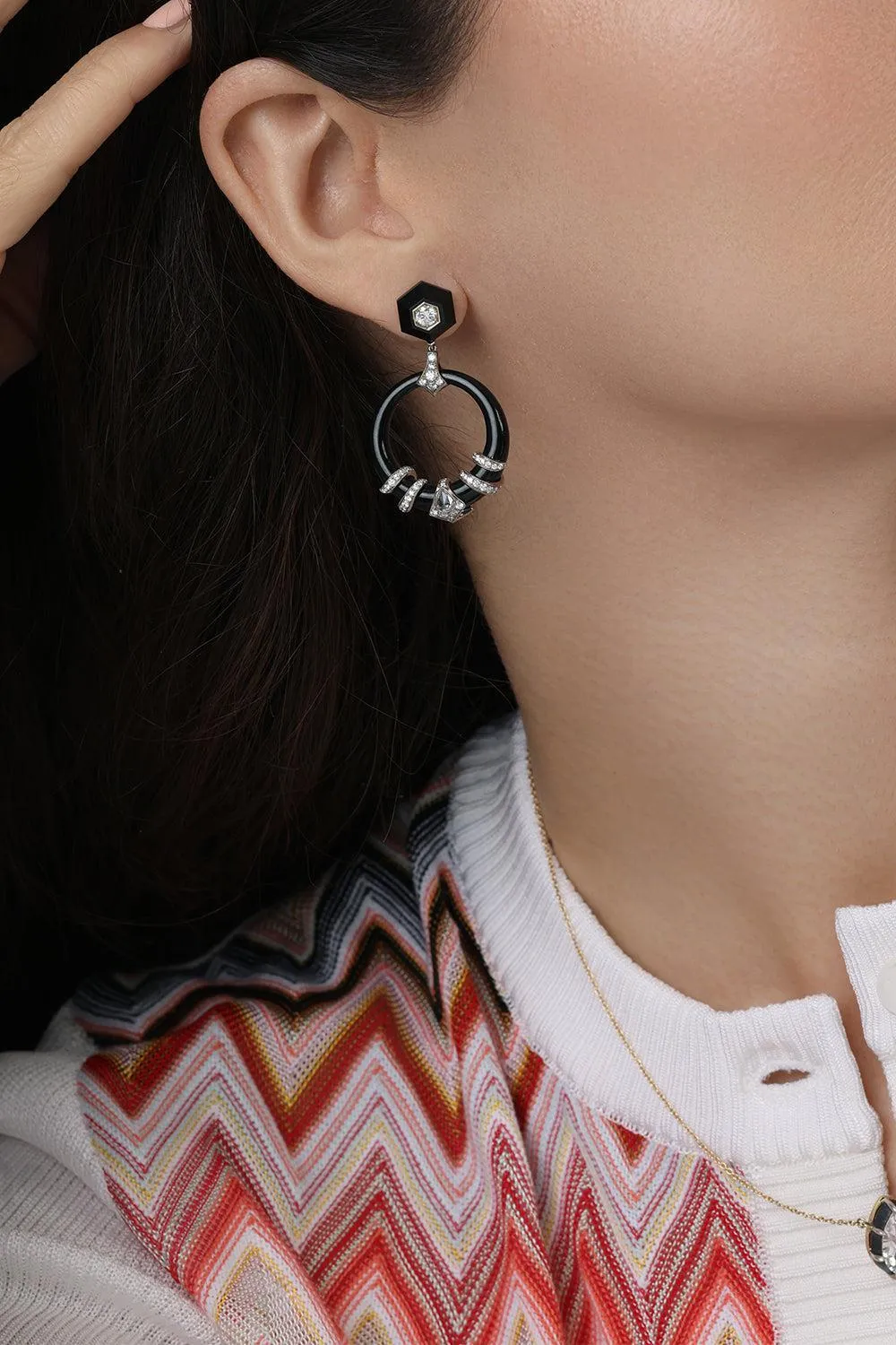 Black Jade and Diamond Coiled Door Knocker 
Earrings