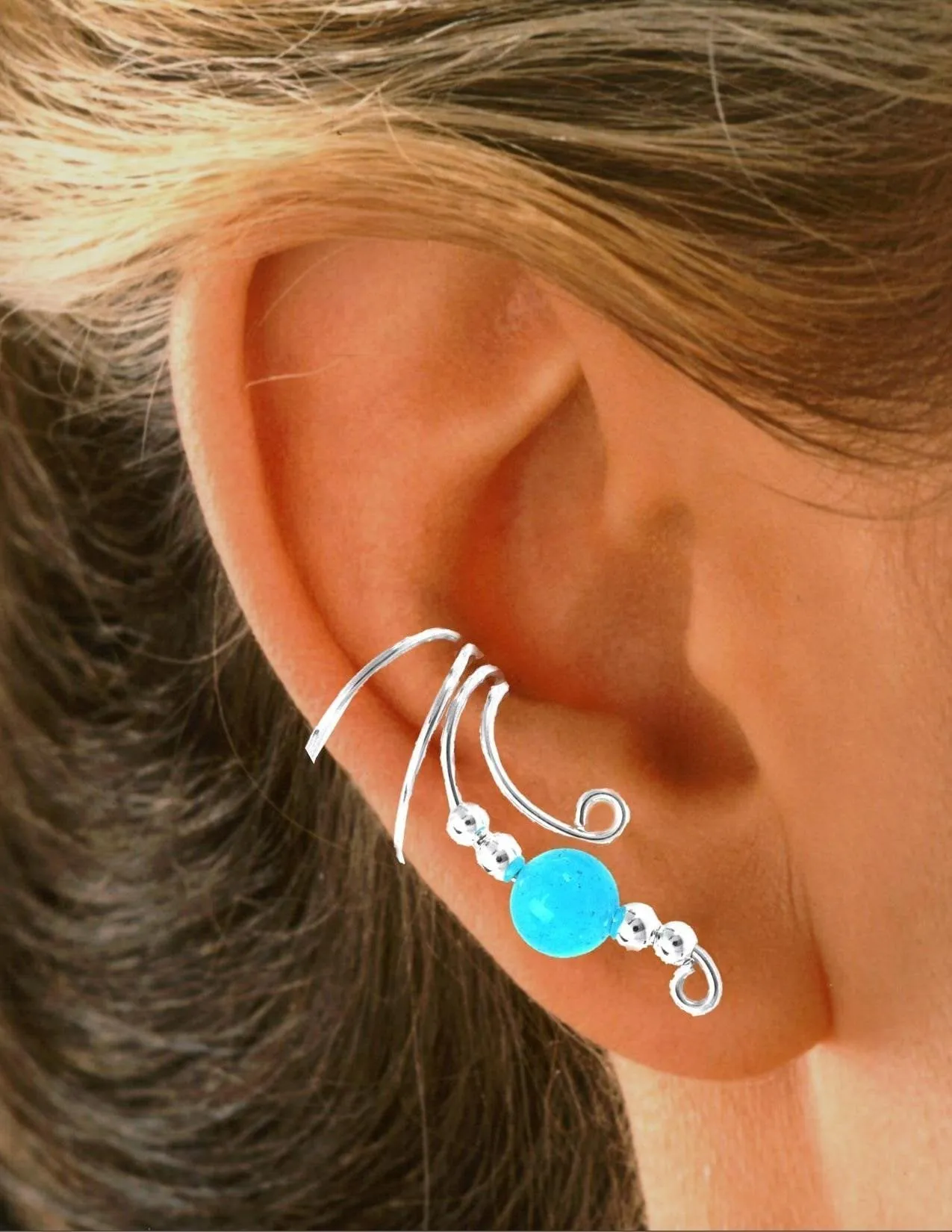 Blue Jade Long Beaded Wave Ear Cuff