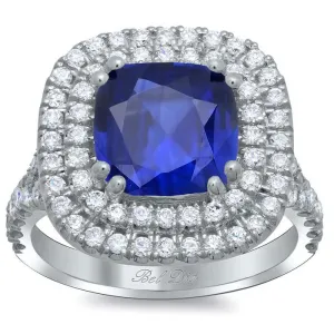 Blue Sapphire Cushion Double Halo Engagement Ring