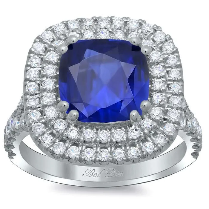 Blue Sapphire Cushion Double Halo Engagement Ring