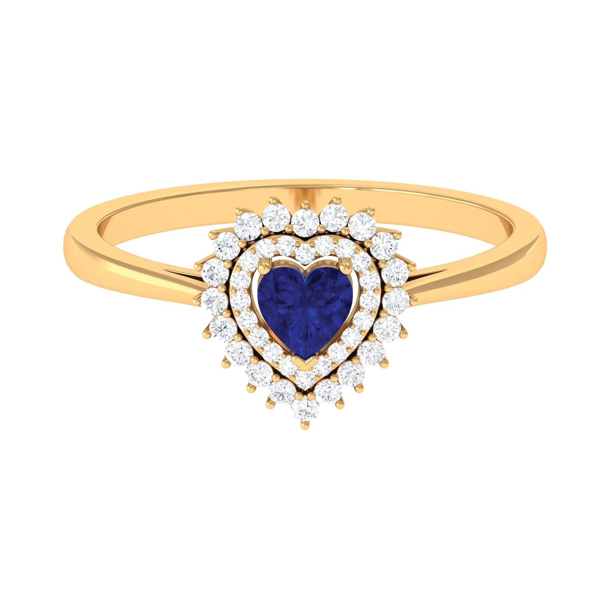 Blue Sapphire Heart and Diamond Double Halo Engagement Ring