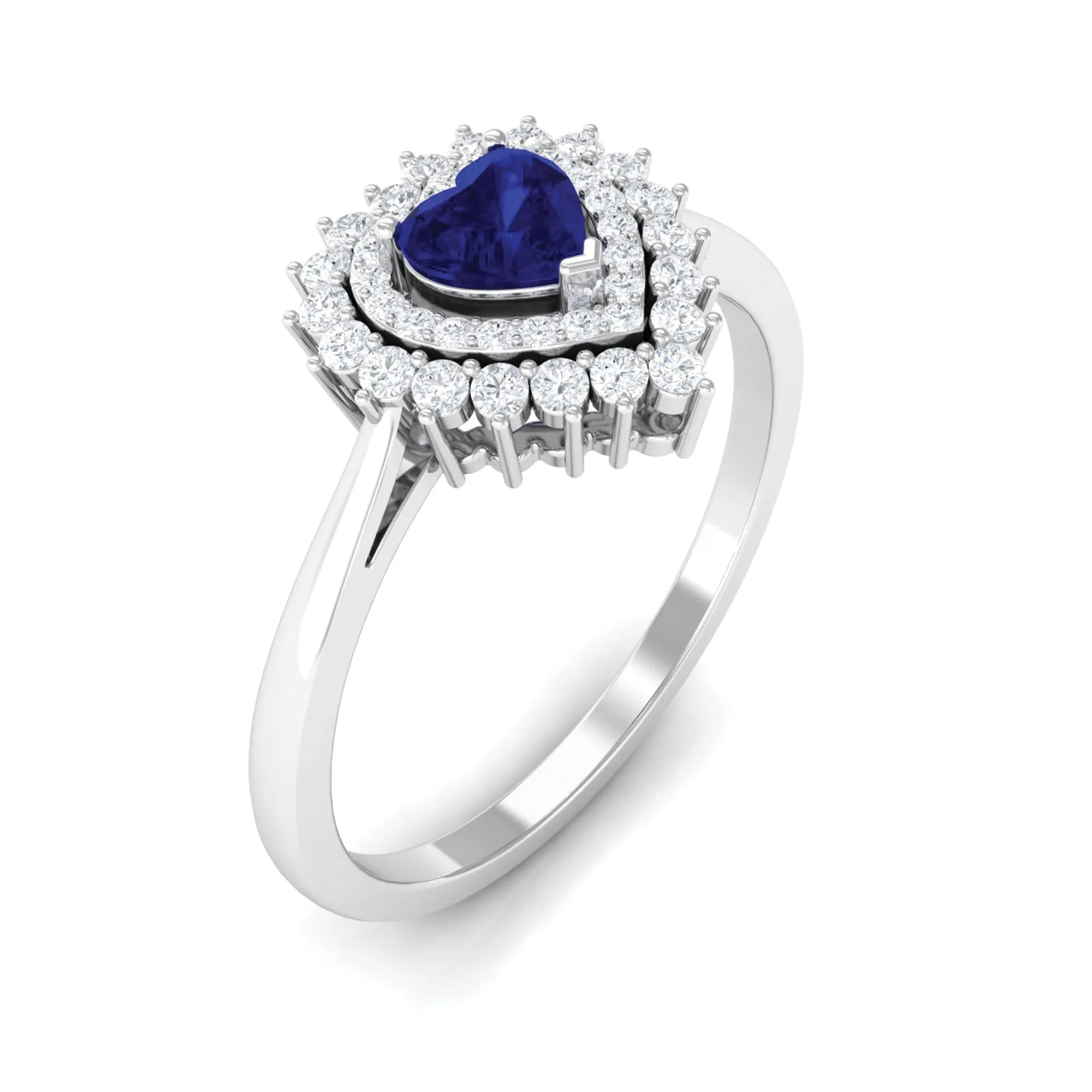 Blue Sapphire Heart and Diamond Double Halo Engagement Ring