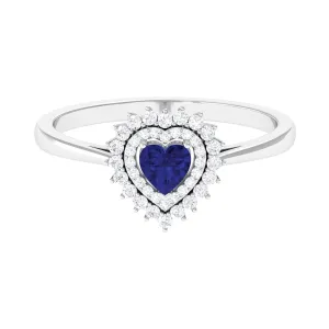 Blue Sapphire Heart and Diamond Double Halo Engagement Ring