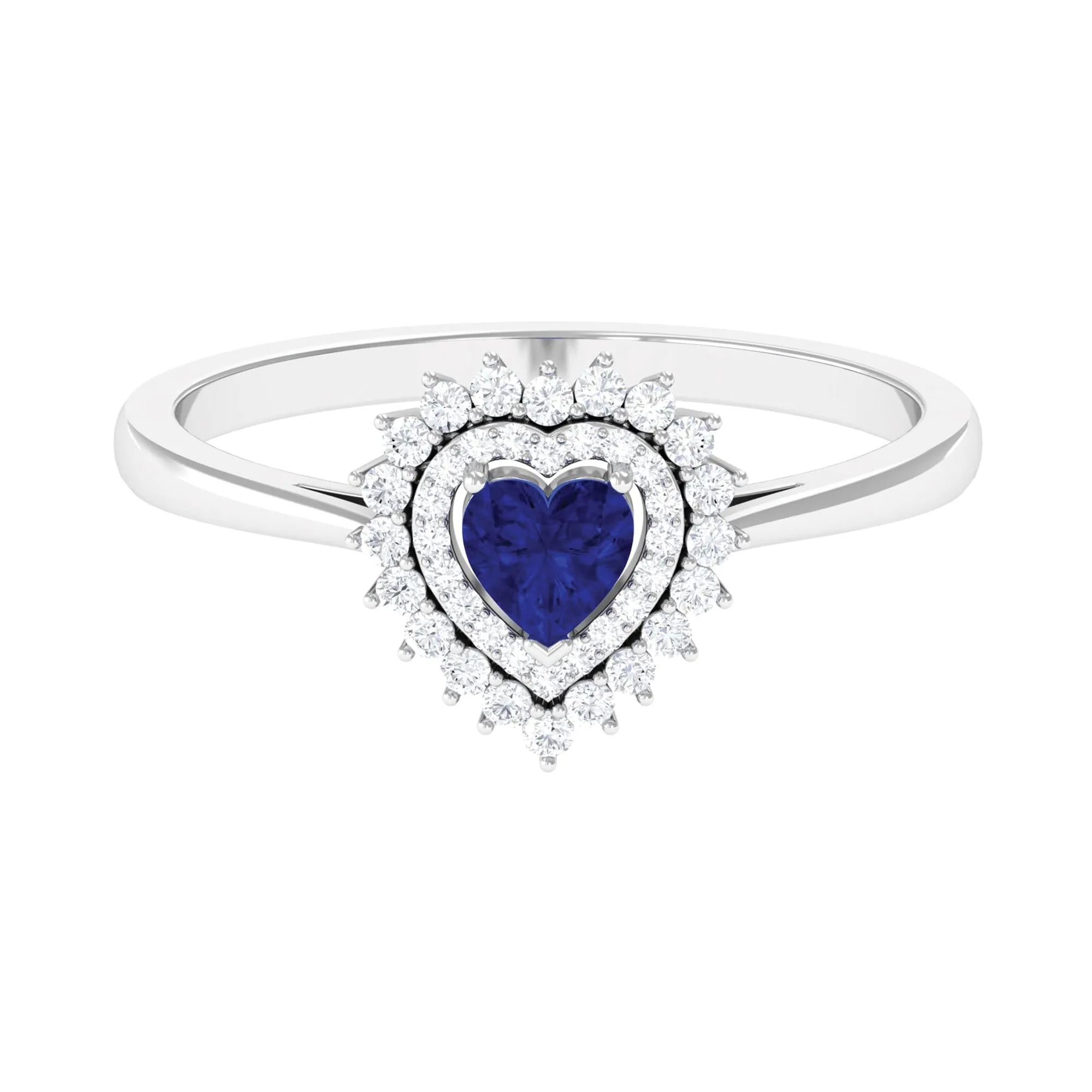 Blue Sapphire Heart and Diamond Double Halo Engagement Ring