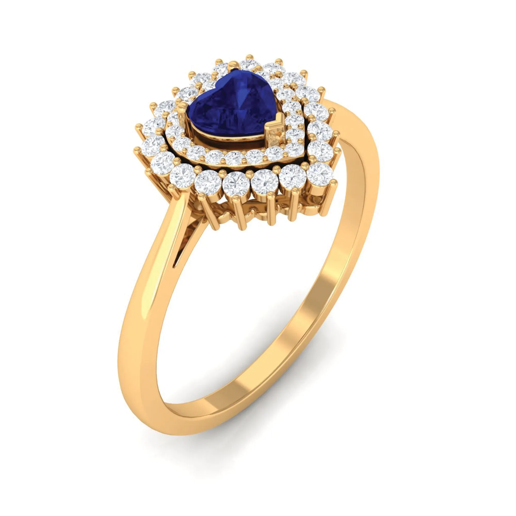 Blue Sapphire Heart and Diamond Double Halo Engagement Ring