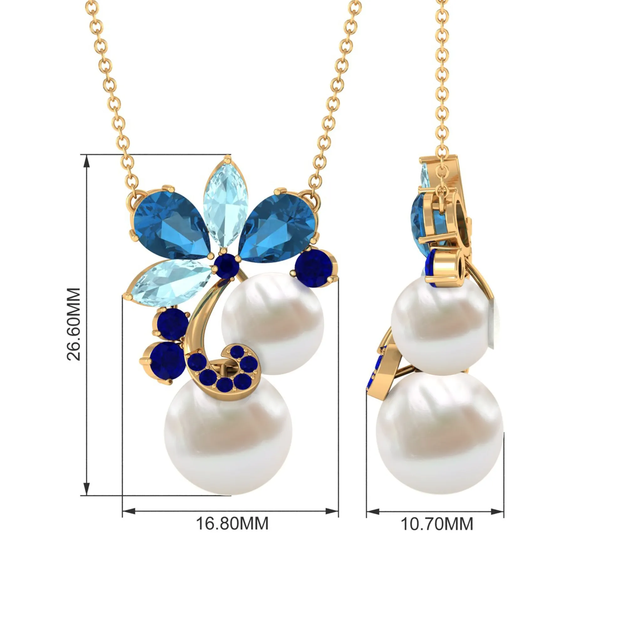 Blue Topaz and Sapphire Cocktail Floral Necklace with Freshwater Pearl