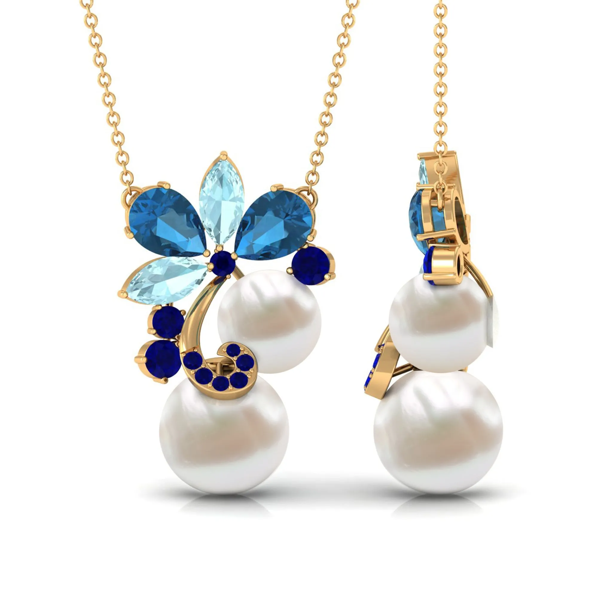 Blue Topaz and Sapphire Cocktail Floral Necklace with Freshwater Pearl