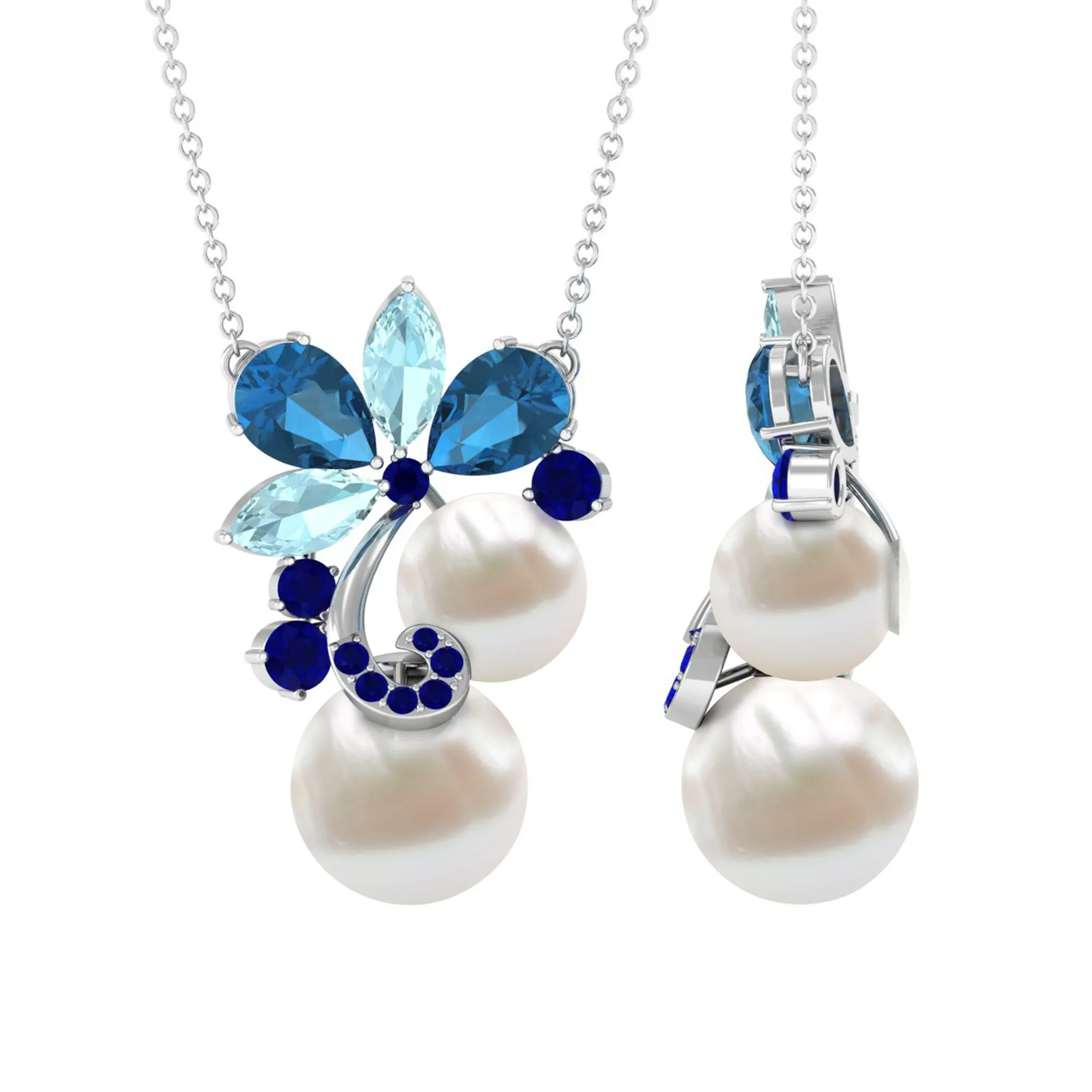 Blue Topaz and Sapphire Cocktail Floral Necklace with Freshwater Pearl