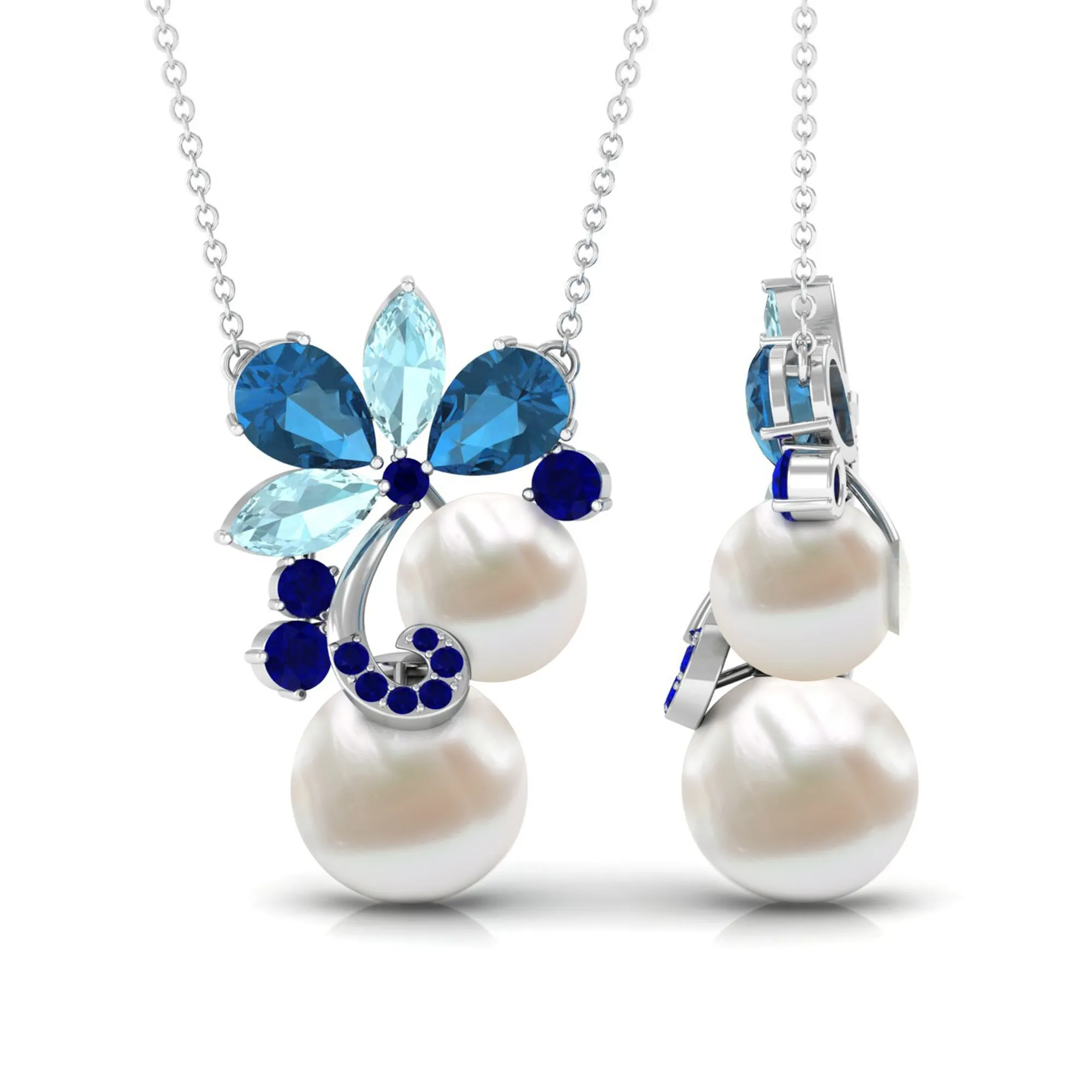 Blue Topaz and Sapphire Cocktail Floral Necklace with Freshwater Pearl