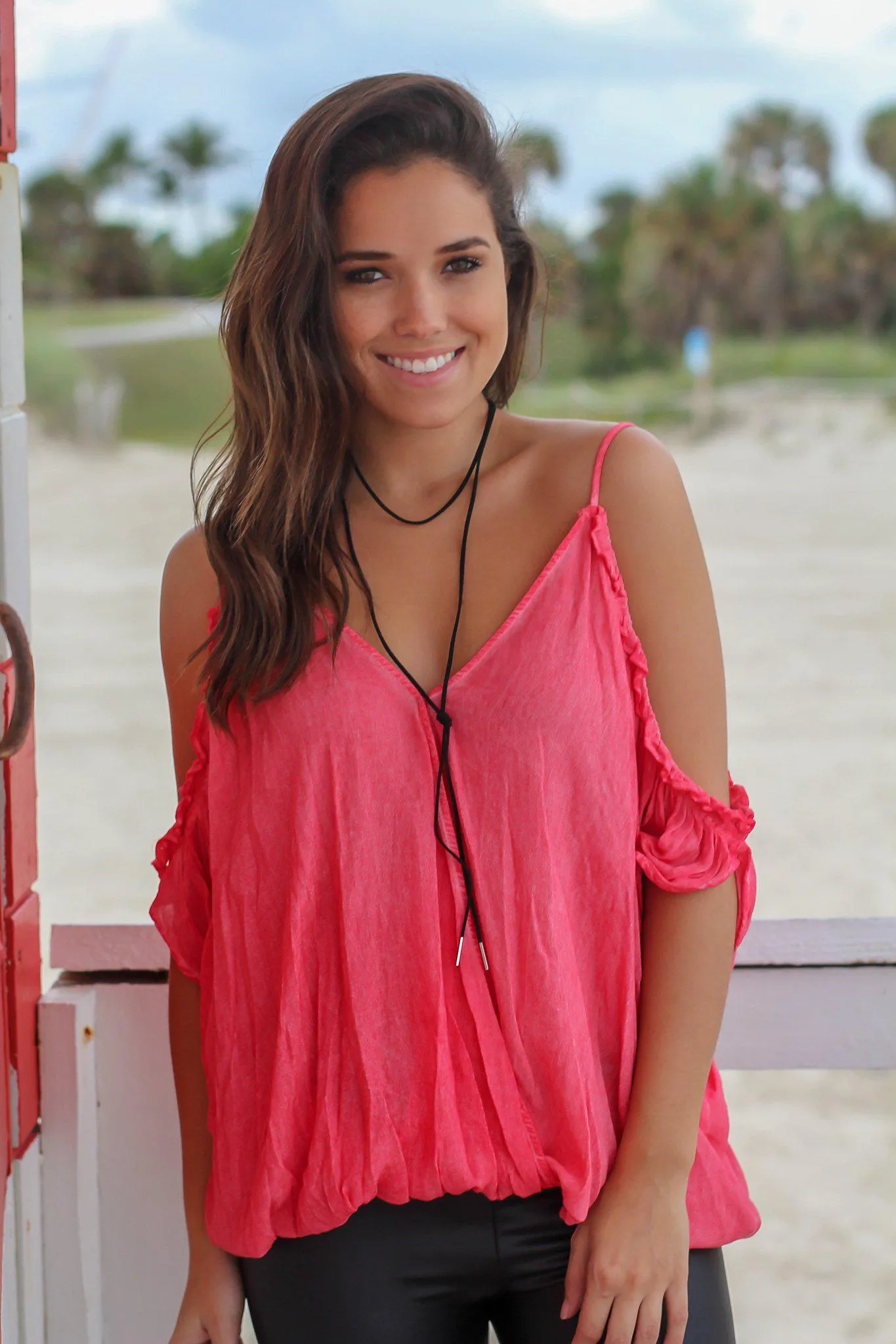 Coral Cold Shoulder V-Neck Top