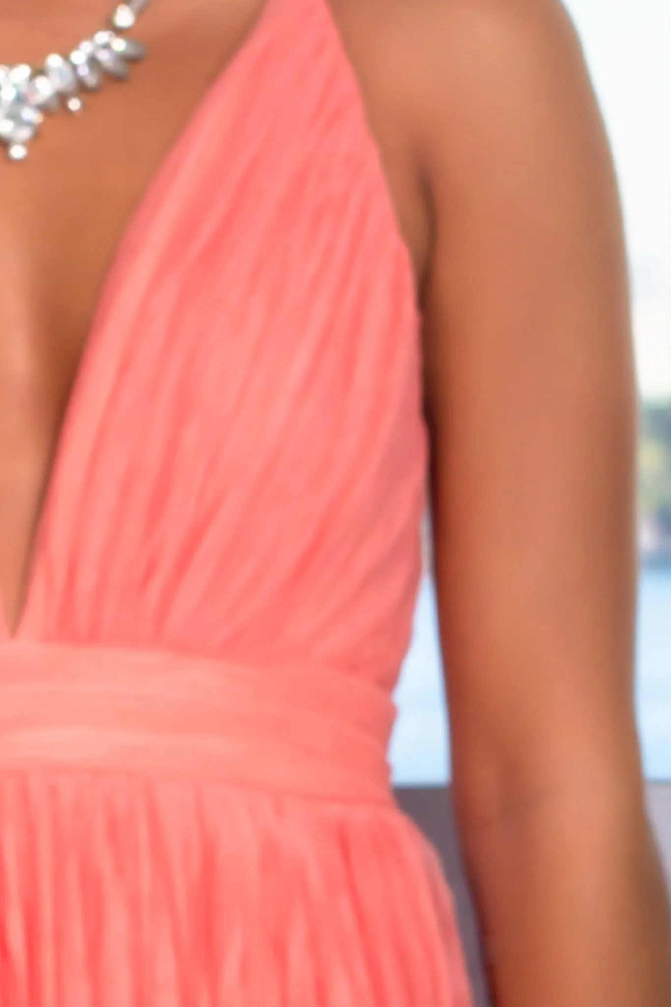 Coral Pleated Maxi Dress with Criss Cross Back