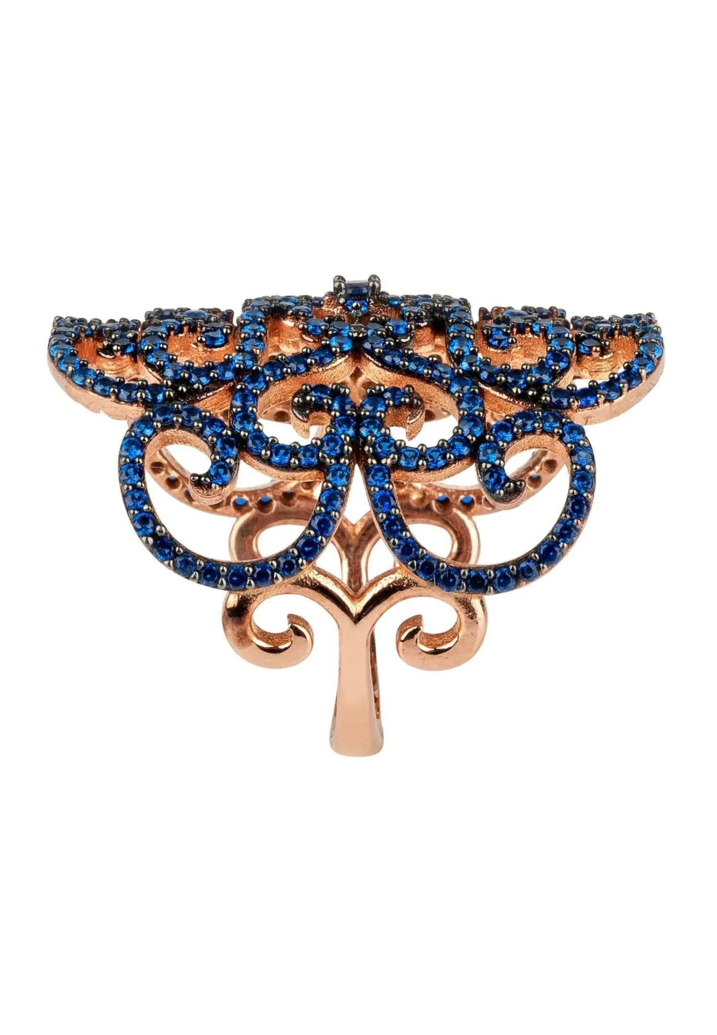 Countess Filigree Cocktail Ring Sapphire Blue Rosegold
