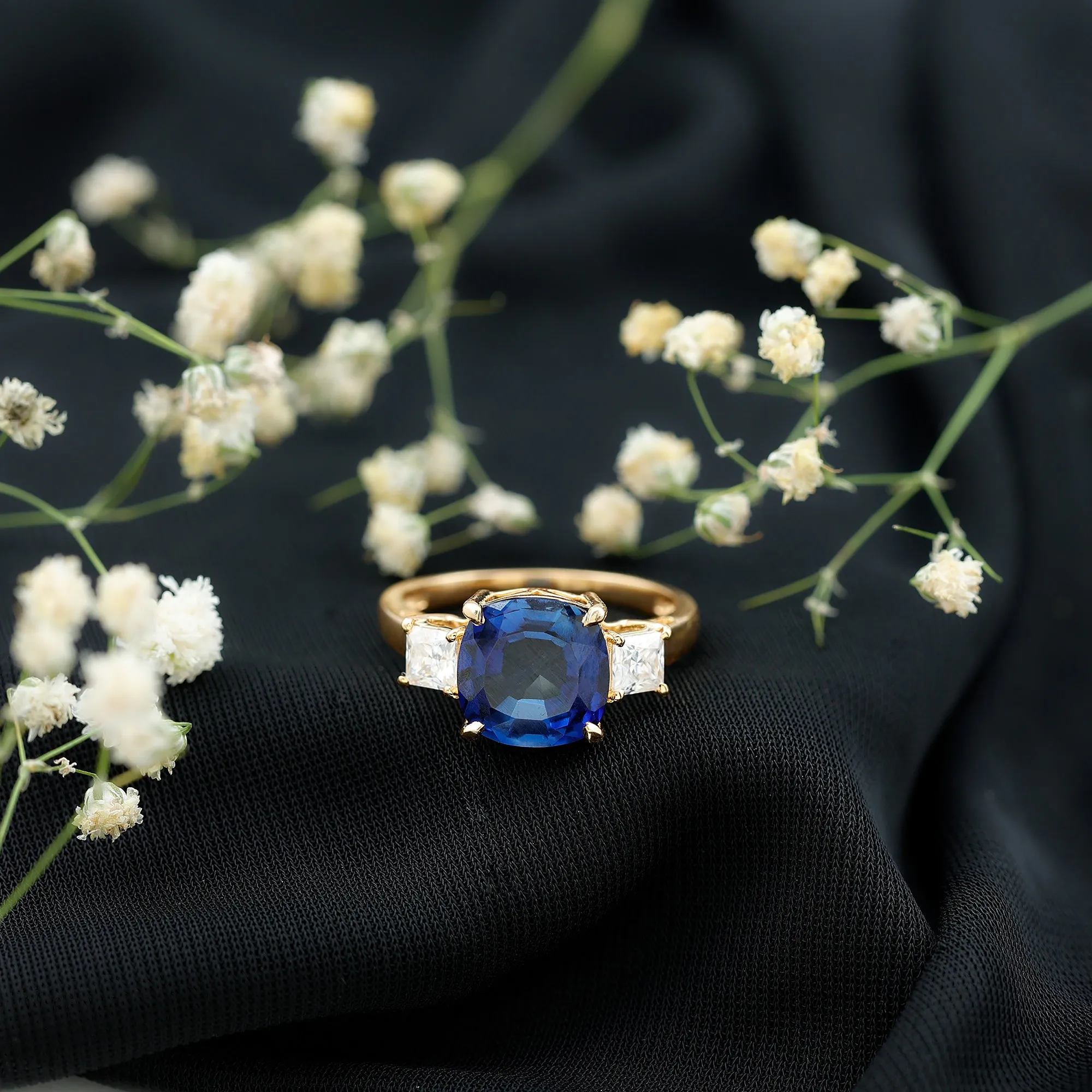 Cushion Cut Created Blue Sapphire Solitaire Ring