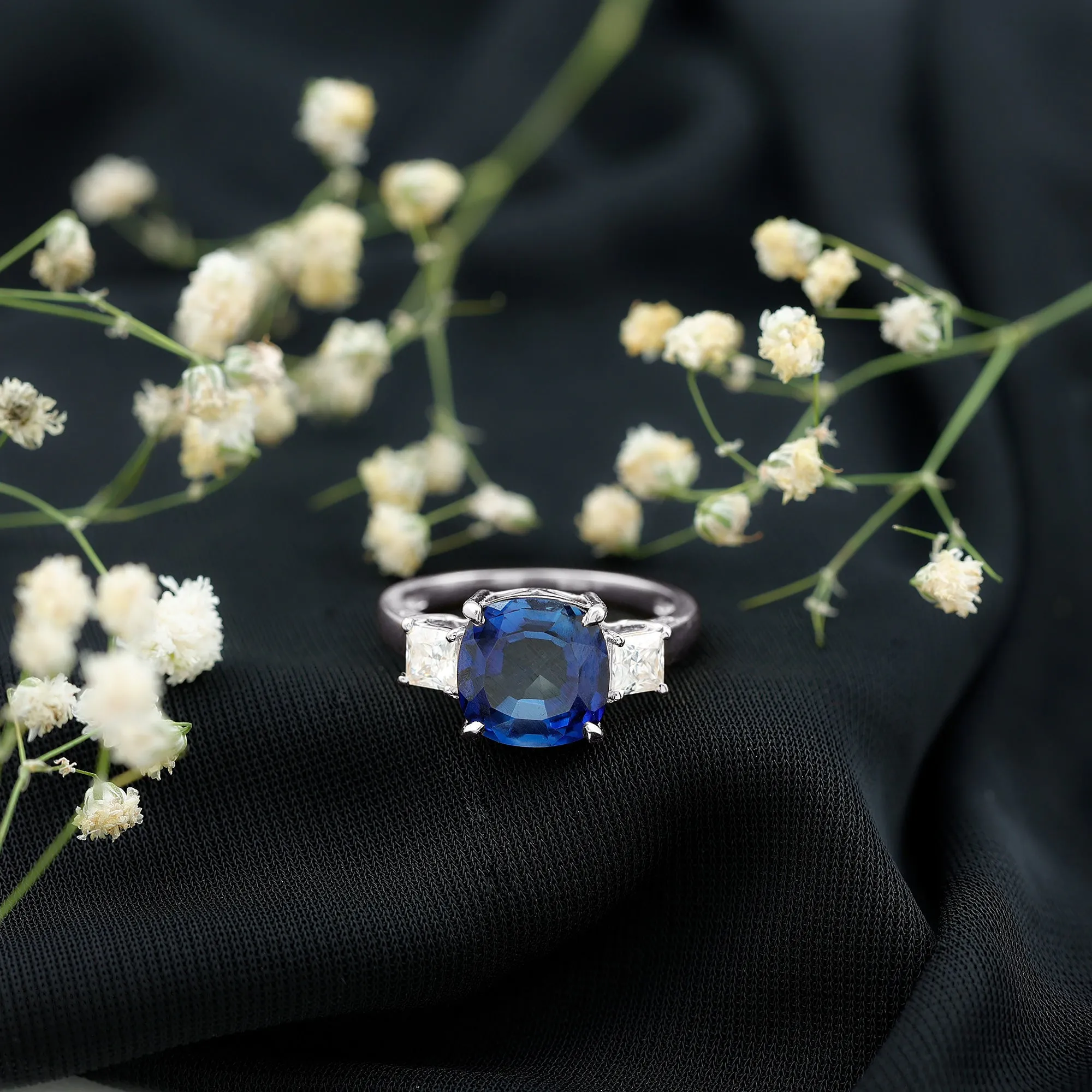 Cushion Cut Created Blue Sapphire Solitaire Ring