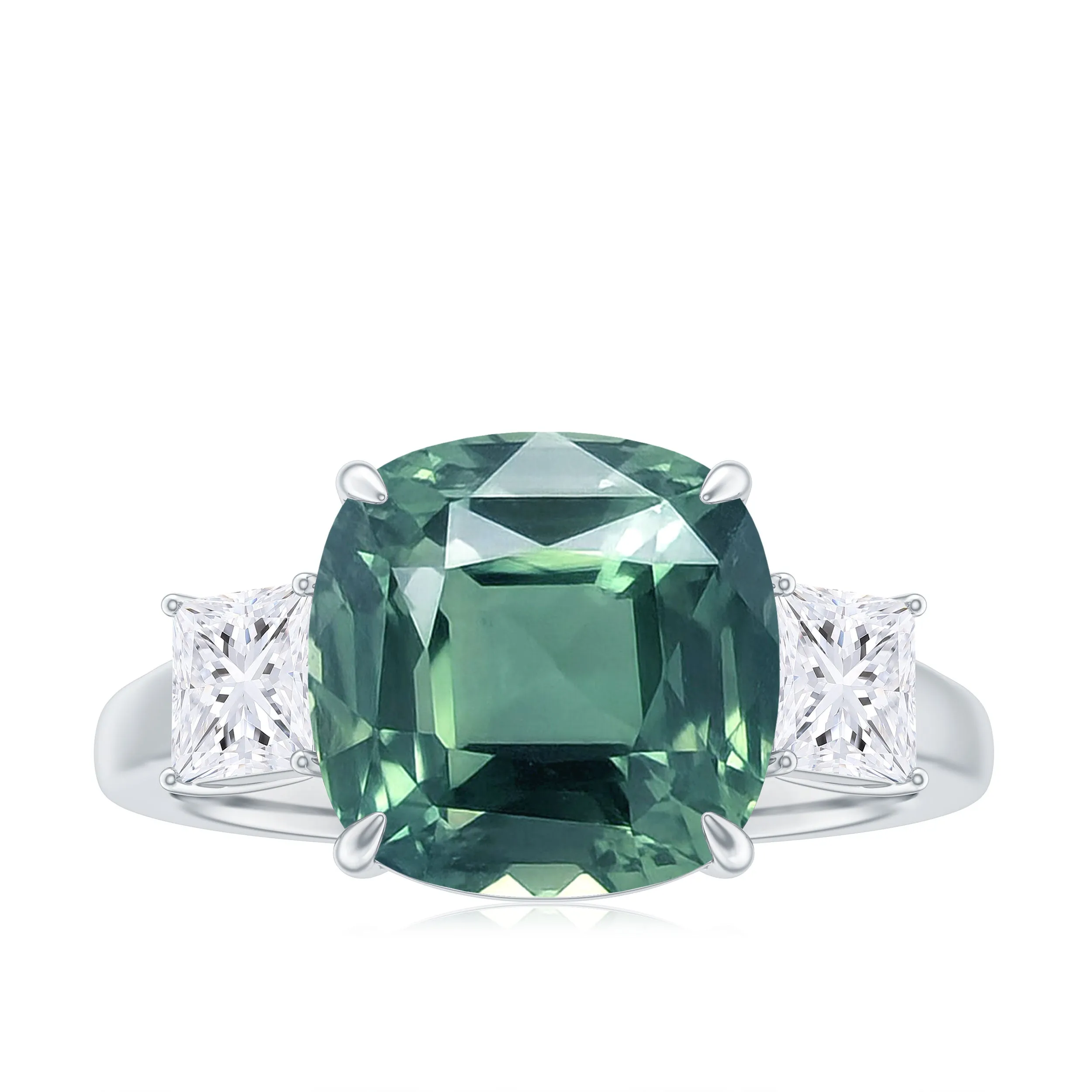 Cushion Cut Created Green Sapphire and Moissanite Engagement Ring