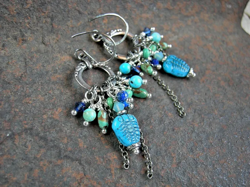 Deep Sea Trilobite Earrings, Cluster Style, Lapis & Turquoise